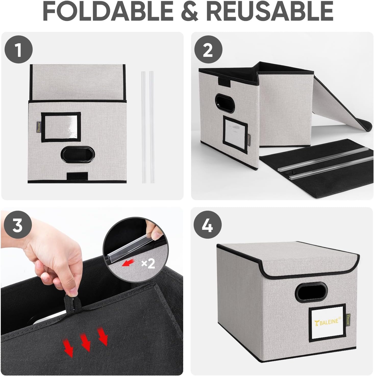 image:imageBALEINE File Organizer Box with Lid Collapsible File Folder Organizer with Plastic Slide Hanging File Folder Box for Office Document Storage Tab Friendly 2 Pack BlackBeige