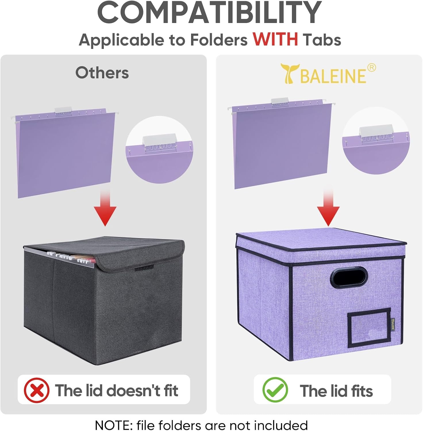 image:imageBALEINE File Organizer Box with Lid Collapsible File Folder Organizer with Plastic Slide Hanging File Folder Box for Office Document Storage Tab Friendly 2 Pack BlackPurple