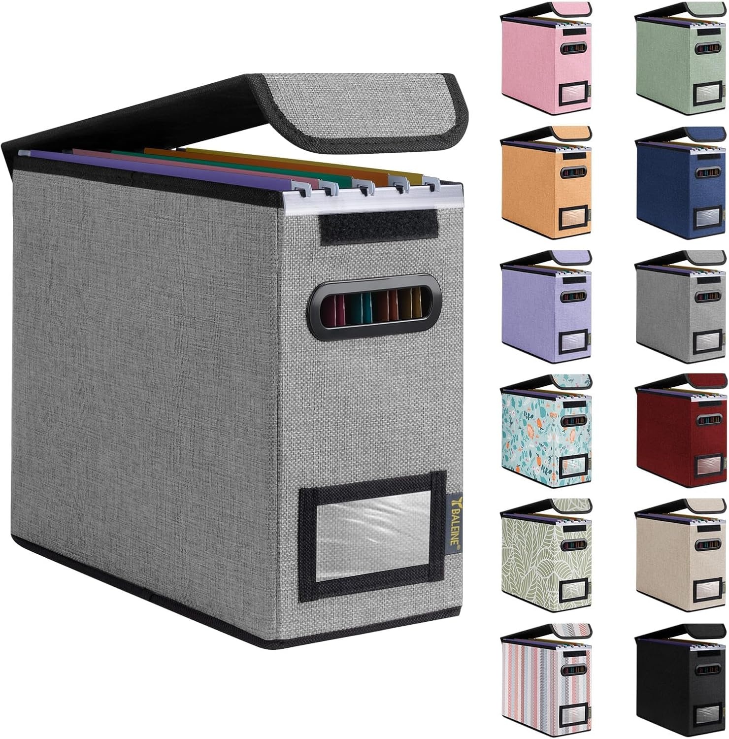 image:imageBALEINE File Organizer Box with Lid Collapsible File Folder Organizer with Plastic Slide Hanging File Folder Box for Office Document Storage Tab Friendly 2 Pack BlackGrey
