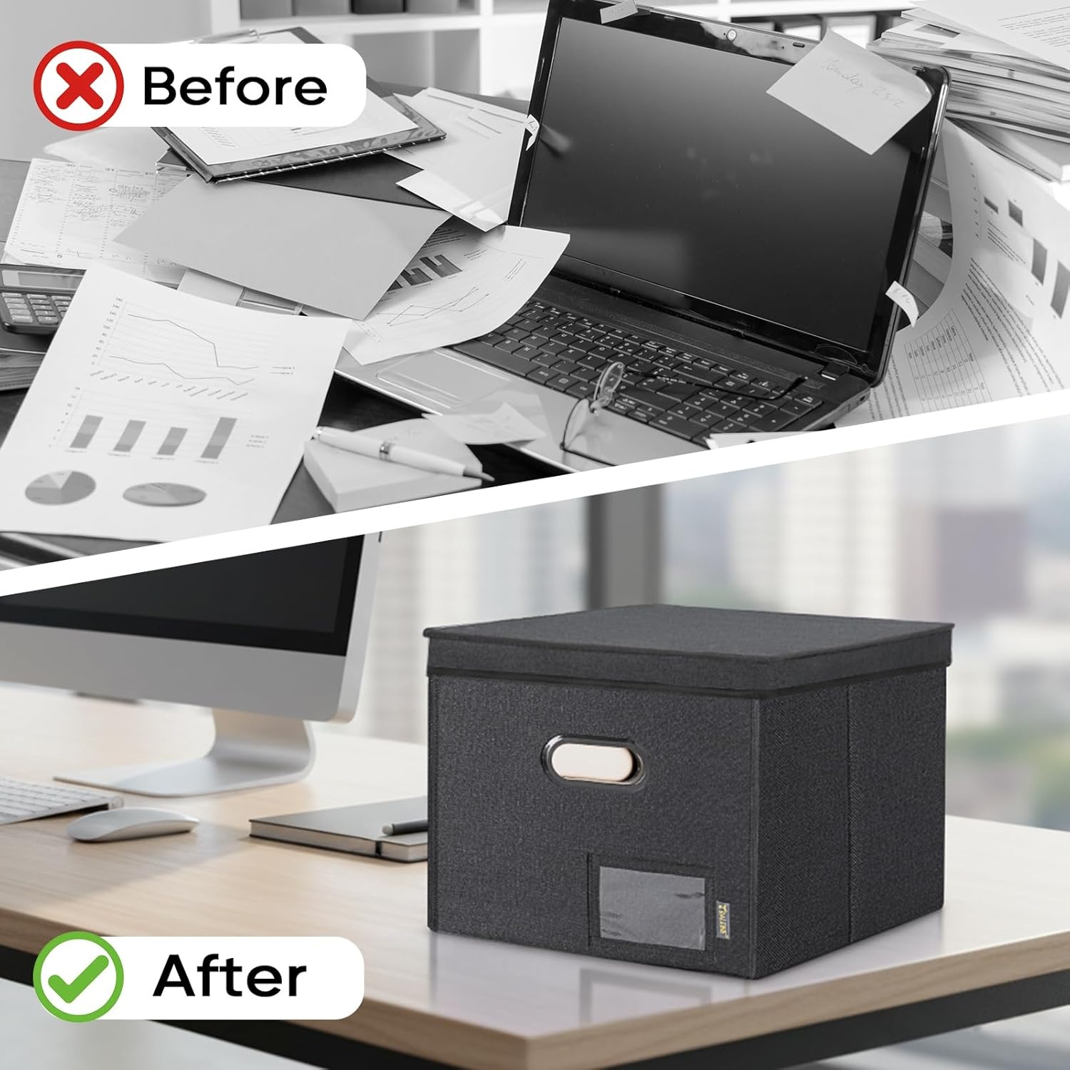 image:imageBALEINE File Organizer Box with Lid Collapsible File Folder Organizer with Plastic Slide Hanging File Folder Box for Office Document Storage Tab Friendly 2 Pack BlackBlack