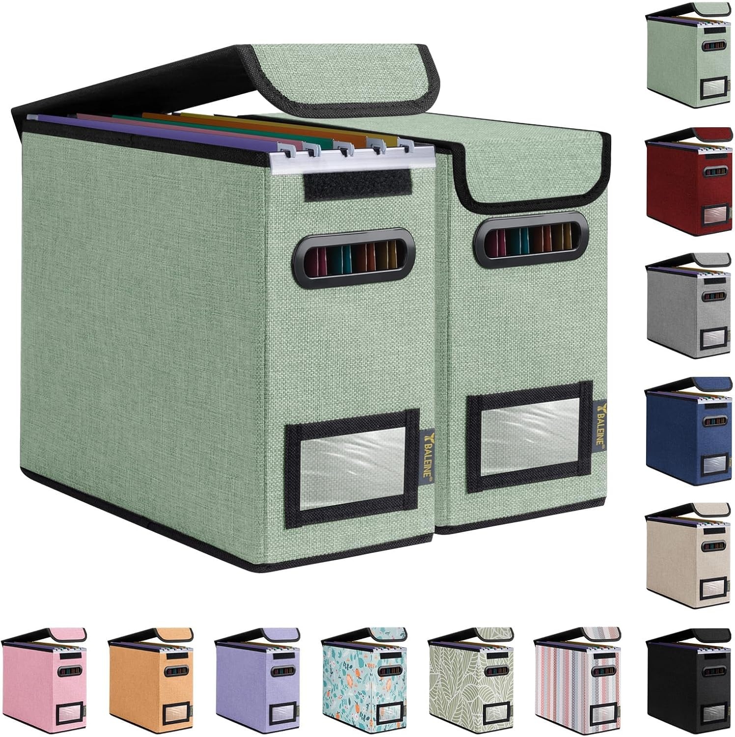 image:imageBALEINE File Organizer Box with Lid Collapsible File Folder Organizer with Plastic Slide Hanging File Folder Box for Office Document Storage Tab Friendly 2 Pack BlackGreen