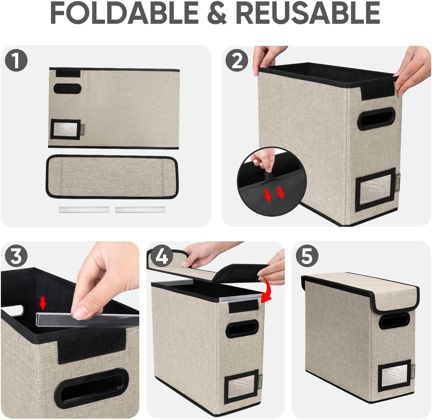 image:imageBALEINE File Organizer Box with Lid Collapsible File Folder Organizer with Plastic Slide Hanging File Folder Box for Office Document Storage Tab Friendly 2 Pack BlackBeige