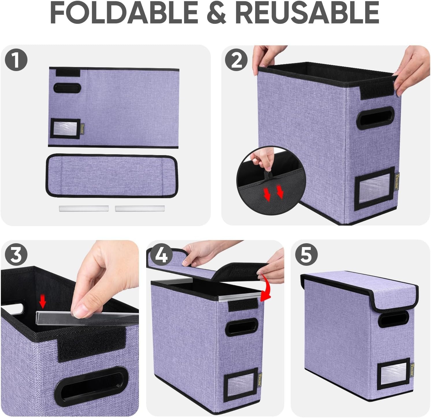 image:imageBALEINE File Organizer Box with Lid Collapsible File Folder Organizer with Plastic Slide Hanging File Folder Box for Office Document Storage Tab Friendly 2 Pack BlackPurple