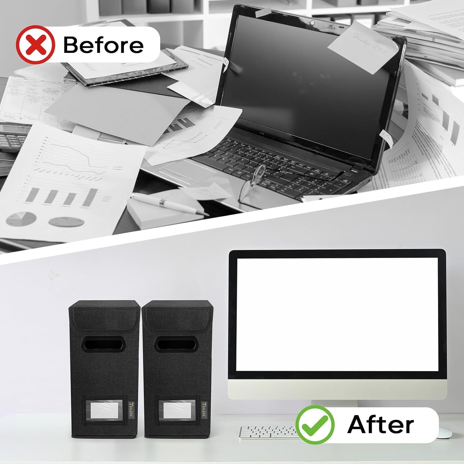 image:imageBALEINE File Organizer Box with Lid Collapsible File Folder Organizer with Plastic Slide Hanging File Folder Box for Office Document Storage Tab Friendly 2 Pack BlackBlack