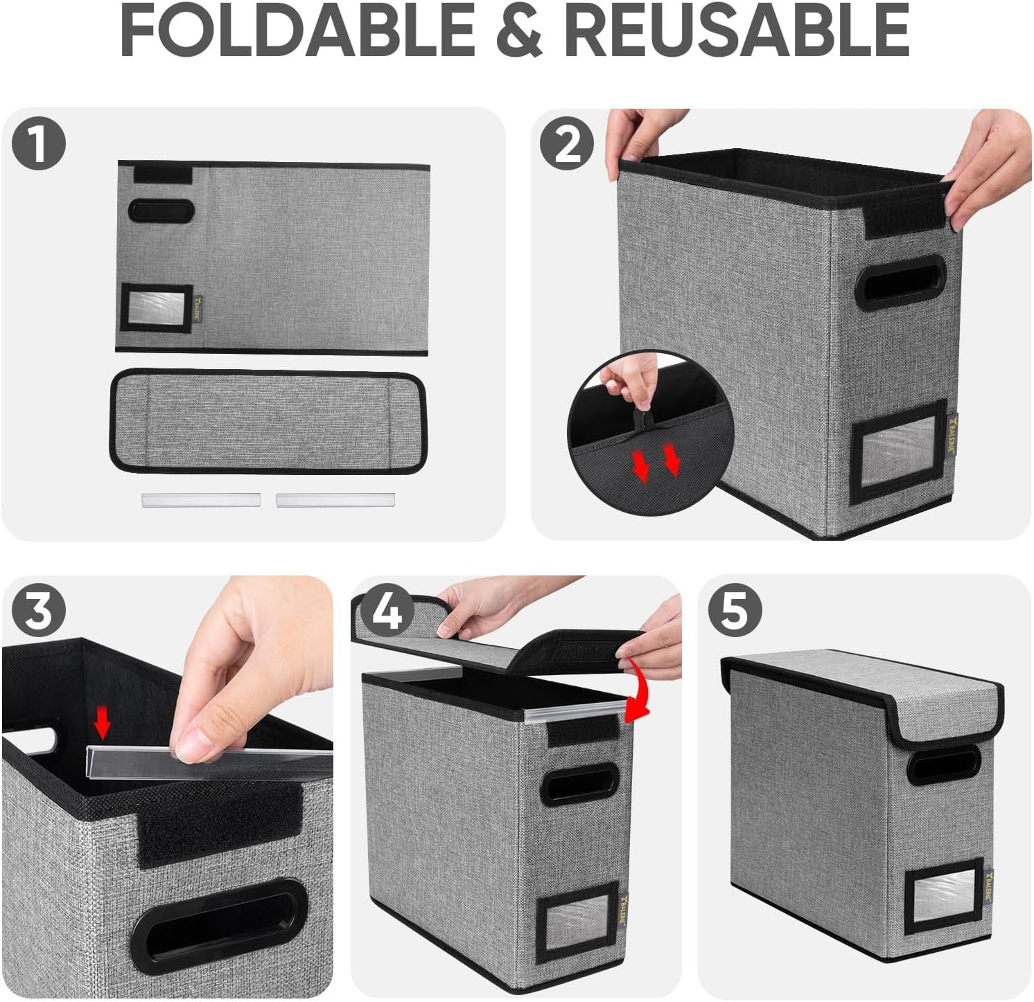 image:imageBALEINE File Organizer Box with Lid Collapsible File Folder Organizer with Plastic Slide Hanging File Folder Box for Office Document Storage Tab Friendly 2 Pack BlackGrey