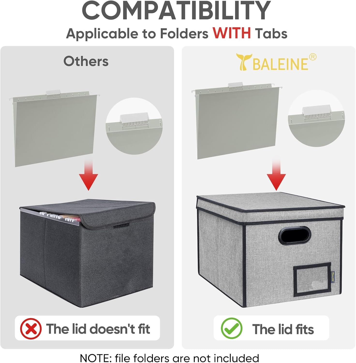 image:imageBALEINE File Organizer Box with Lid Collapsible File Folder Organizer with Plastic Slide Hanging File Folder Box for Office Document Storage Tab Friendly 2 Pack BlackGrey