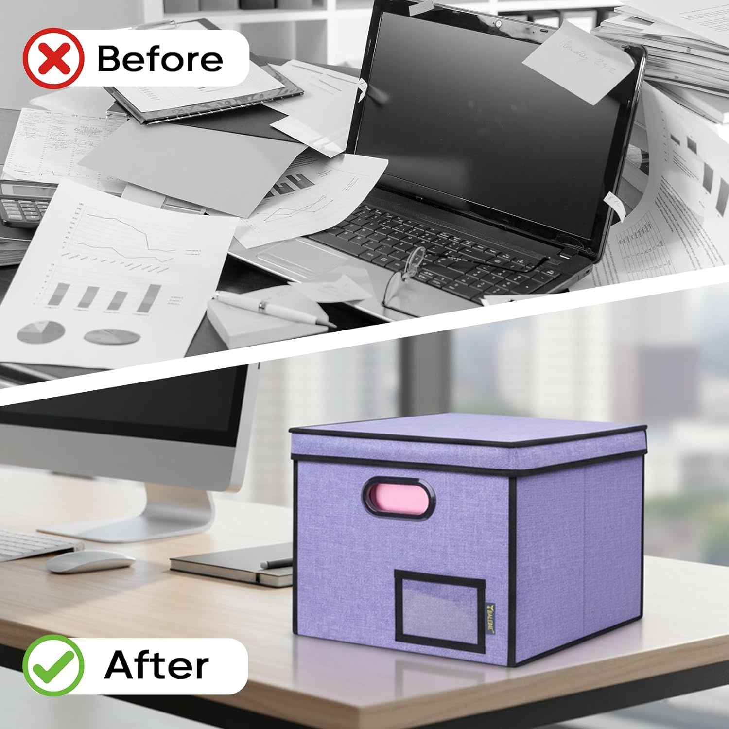 image:imageBALEINE File Organizer Box with Lid Collapsible File Folder Organizer with Plastic Slide Hanging File Folder Box for Office Document Storage Tab Friendly 2 Pack BlackPurple