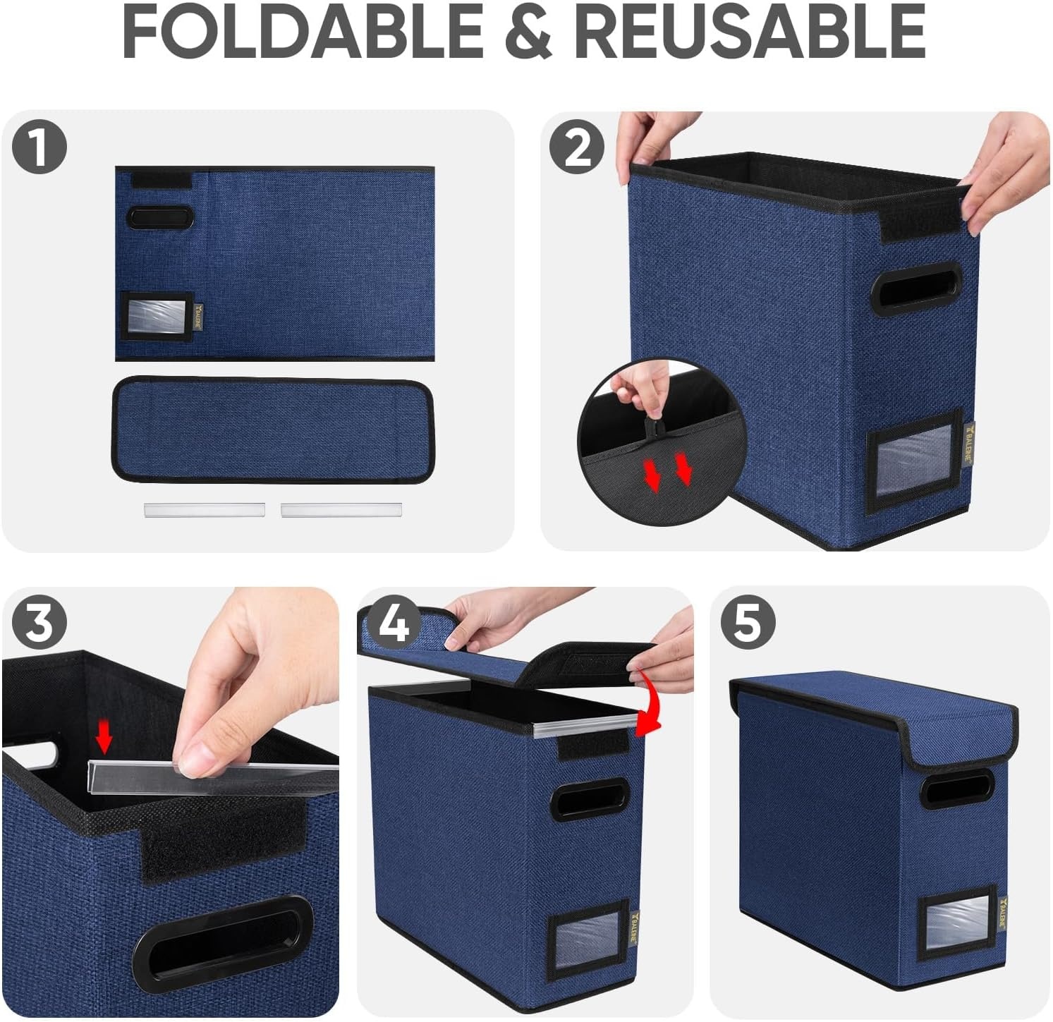 image:imageBALEINE File Organizer Box with Lid Collapsible File Folder Organizer with Plastic Slide Hanging File Folder Box for Office Document Storage Tab Friendly 2 Pack BlackBlue
