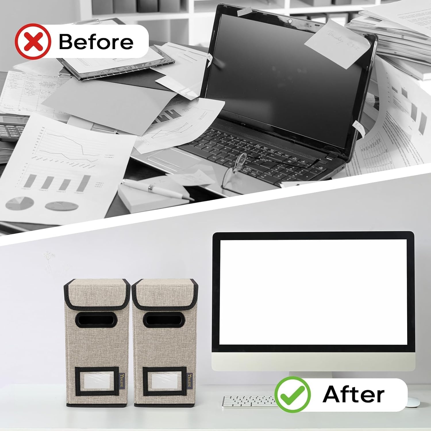 image:imageBALEINE File Organizer Box with Lid Collapsible File Folder Organizer with Plastic Slide Hanging File Folder Box for Office Document Storage Tab Friendly 2 Pack BlackBeige