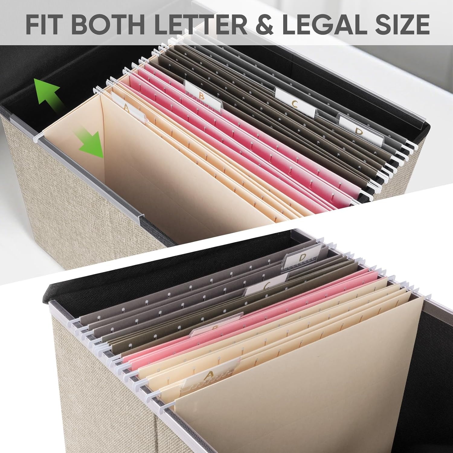 image:imageBALEINE File Organizer Box with Lid Collapsible File Folder Organizer with Plastic Slide Hanging File Folder Box for Office Document Storage Tab Friendly 2 Pack BlackBeige