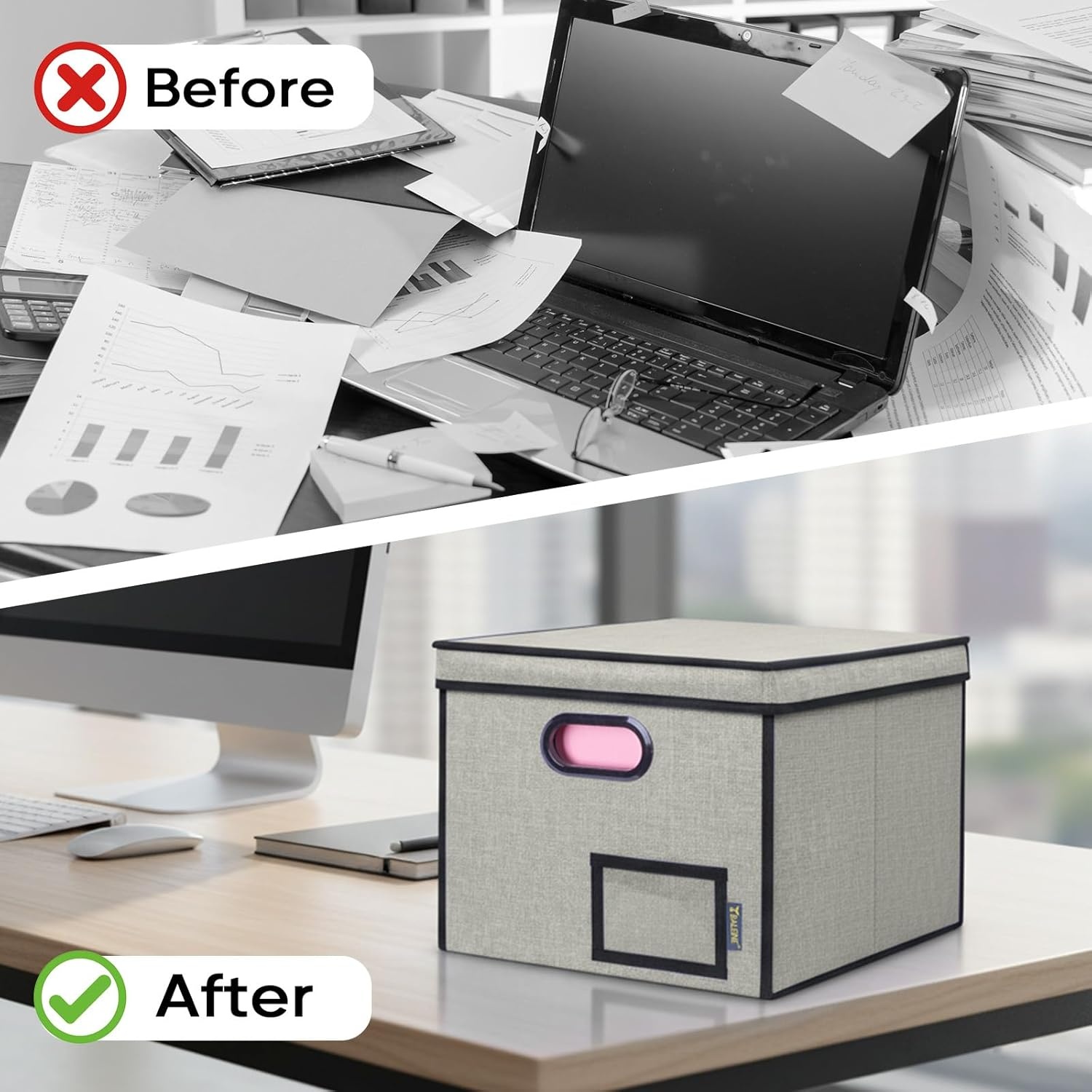 image:imageBALEINE File Organizer Box with Lid Collapsible File Folder Organizer with Plastic Slide Hanging File Folder Box for Office Document Storage Tab Friendly 2 Pack BlackBeige