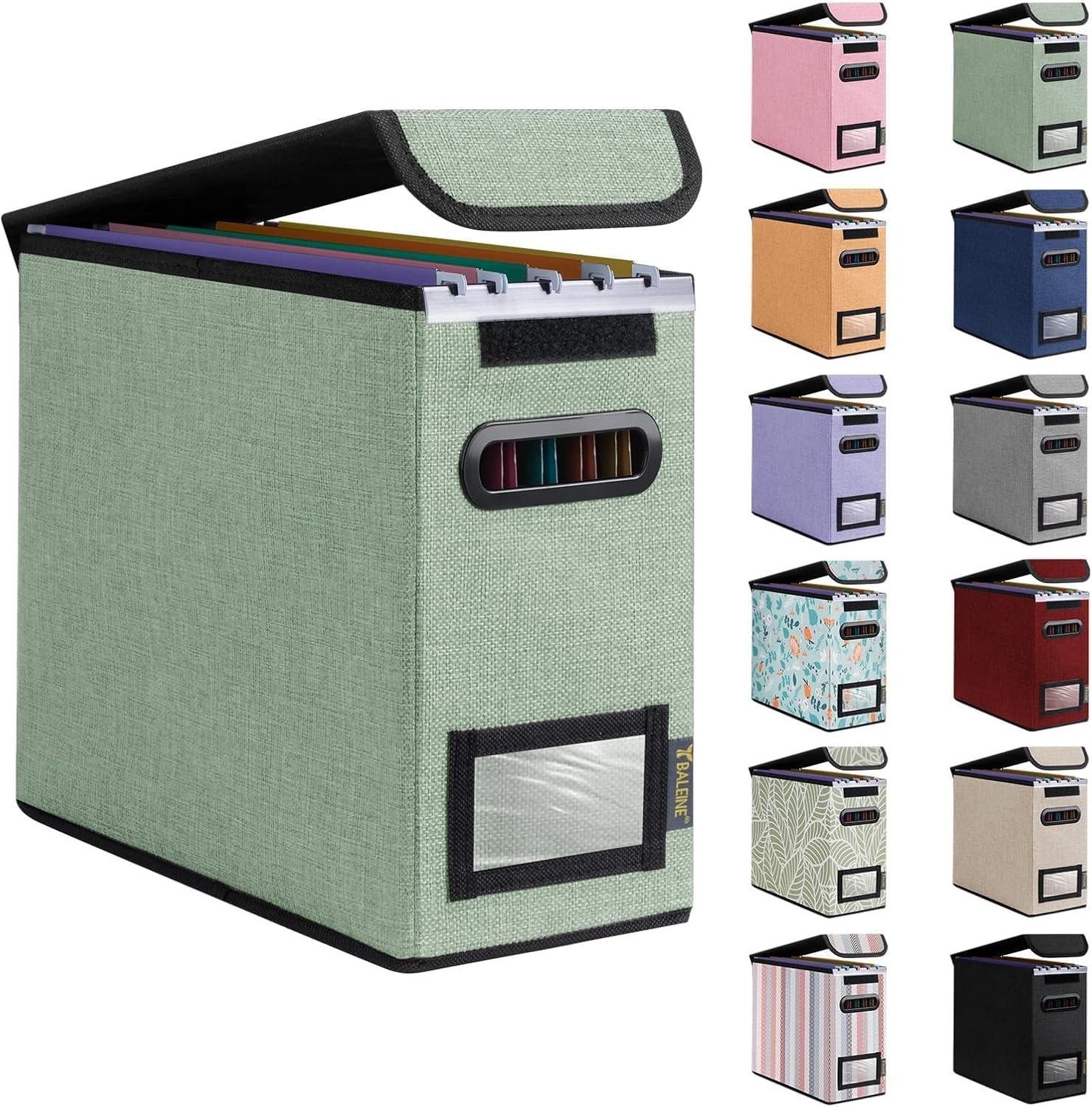 image:imageBALEINE File Organizer Box with Lid Collapsible File Folder Organizer with Plastic Slide Hanging File Folder Box for Office Document Storage Tab Friendly 2 Pack BlackGreen