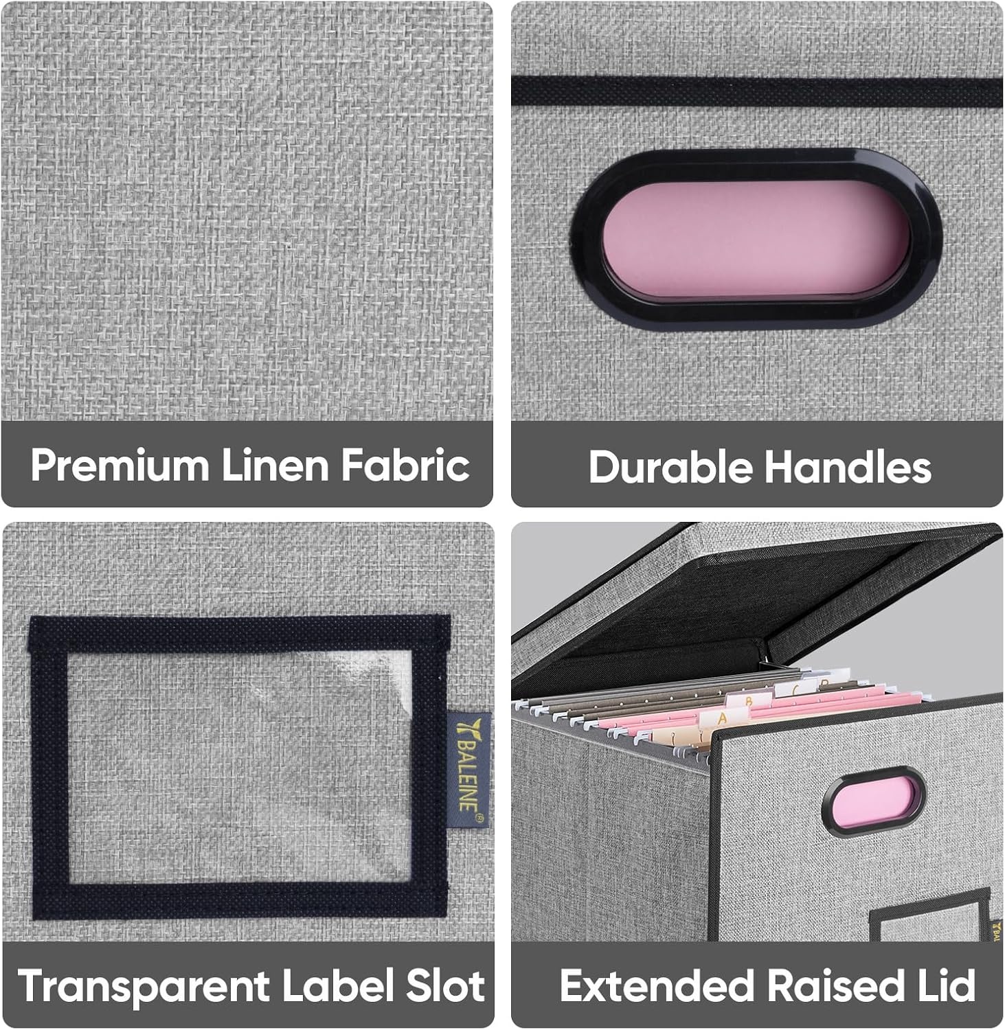 image:imageBALEINE File Organizer Box with Lid Collapsible File Folder Organizer with Plastic Slide Hanging File Folder Box for Office Document Storage Tab Friendly 2 Pack BlackGrey