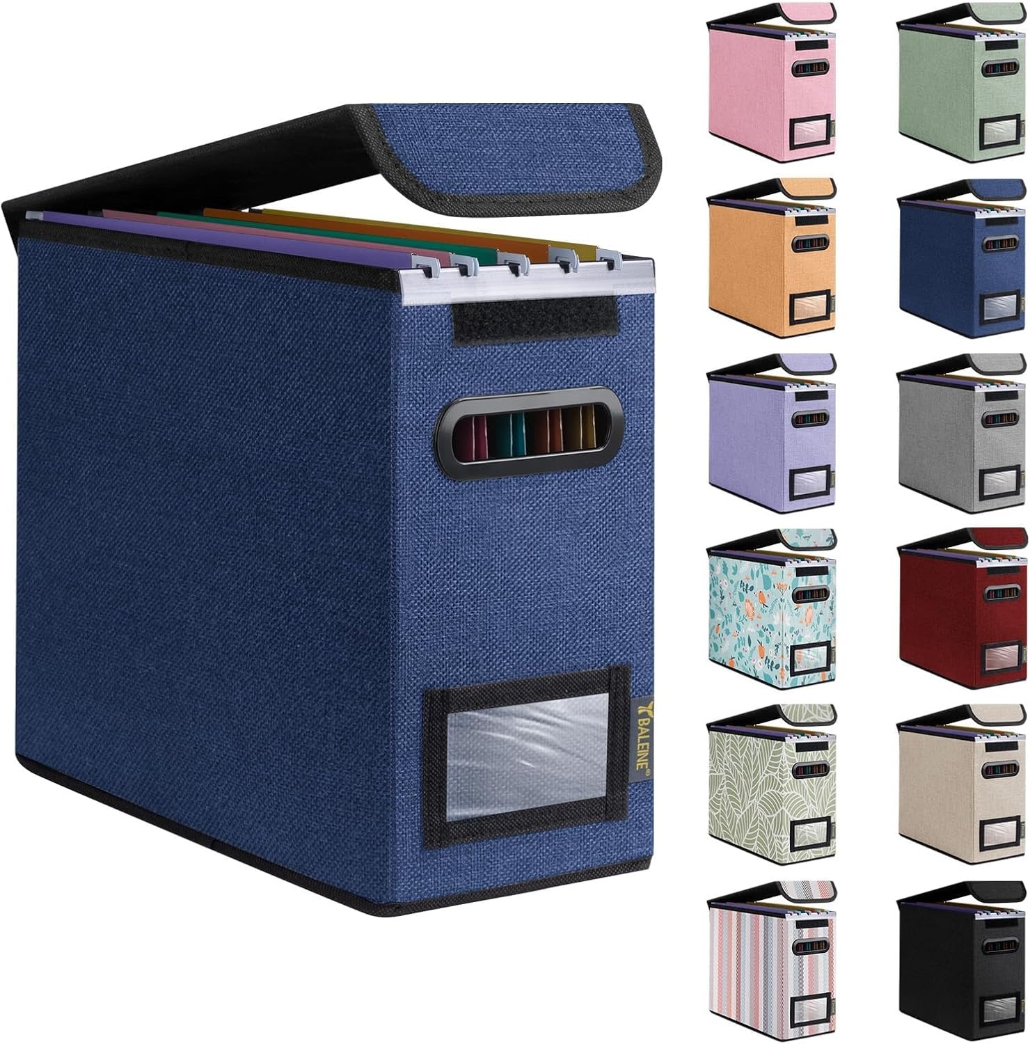 image:imageBALEINE File Organizer Box with Lid Collapsible File Folder Organizer with Plastic Slide Hanging File Folder Box for Office Document Storage Tab Friendly 2 Pack BlackBlue