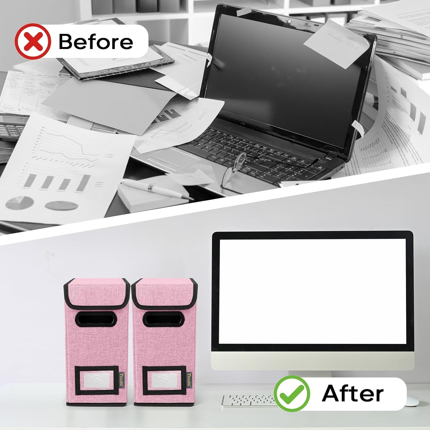 image:imageBALEINE File Organizer Box with Lid Collapsible File Folder Organizer with Plastic Slide Hanging File Folder Box for Office Document Storage Tab Friendly 2 Pack BlackPink
