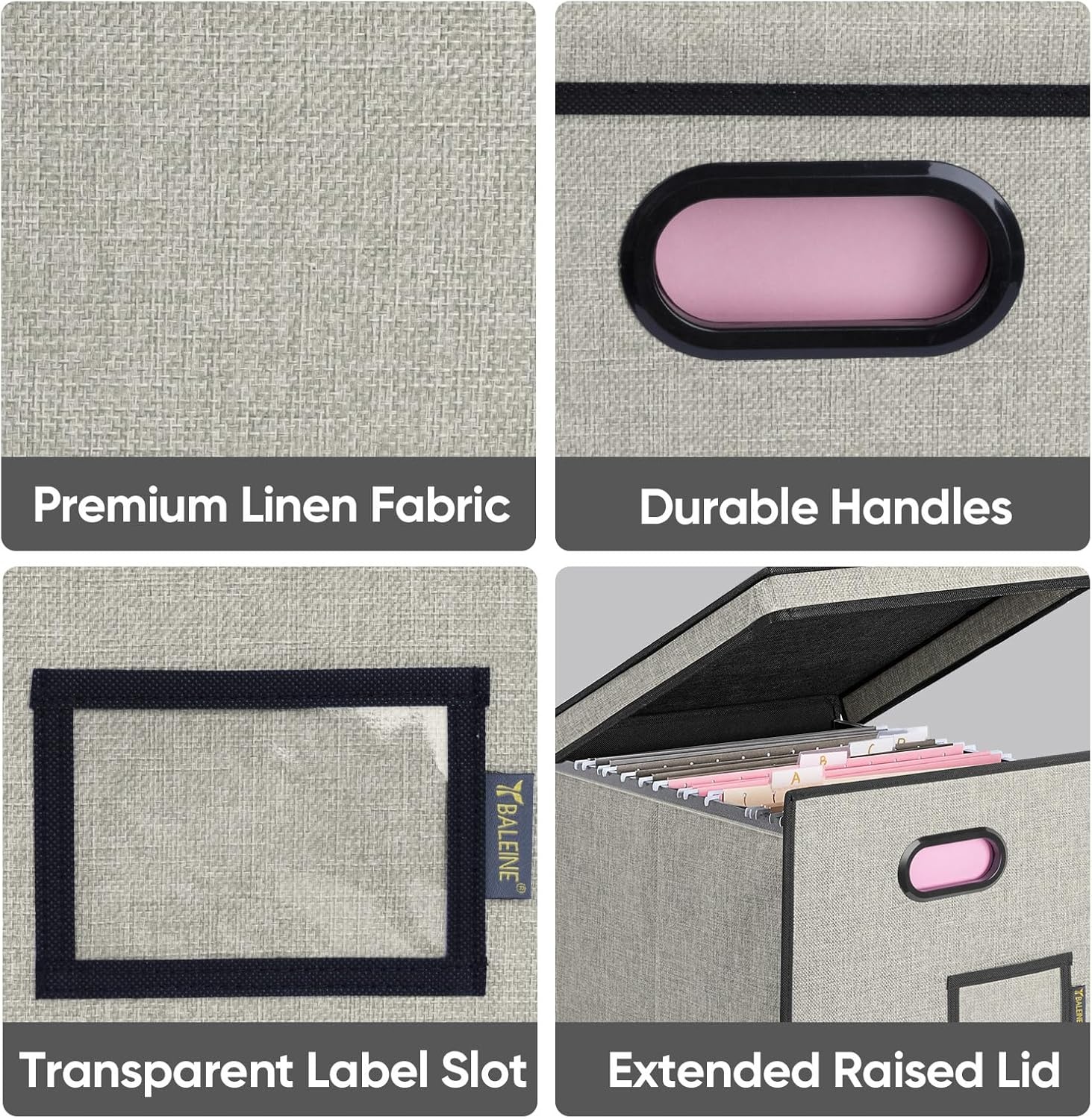 image:imageBALEINE File Organizer Box with Lid Collapsible File Folder Organizer with Plastic Slide Hanging File Folder Box for Office Document Storage Tab Friendly 2 Pack BlackBeige