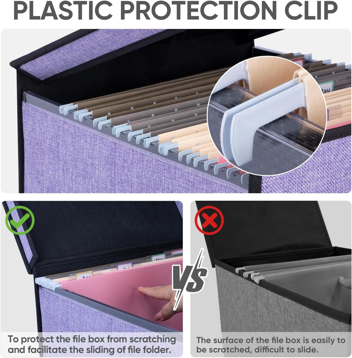 image:imageBALEINE File Organizer Box with Lid Collapsible File Folder Organizer with Plastic Slide Hanging File Folder Box for Office Document Storage Tab Friendly 2 Pack BlackPurple