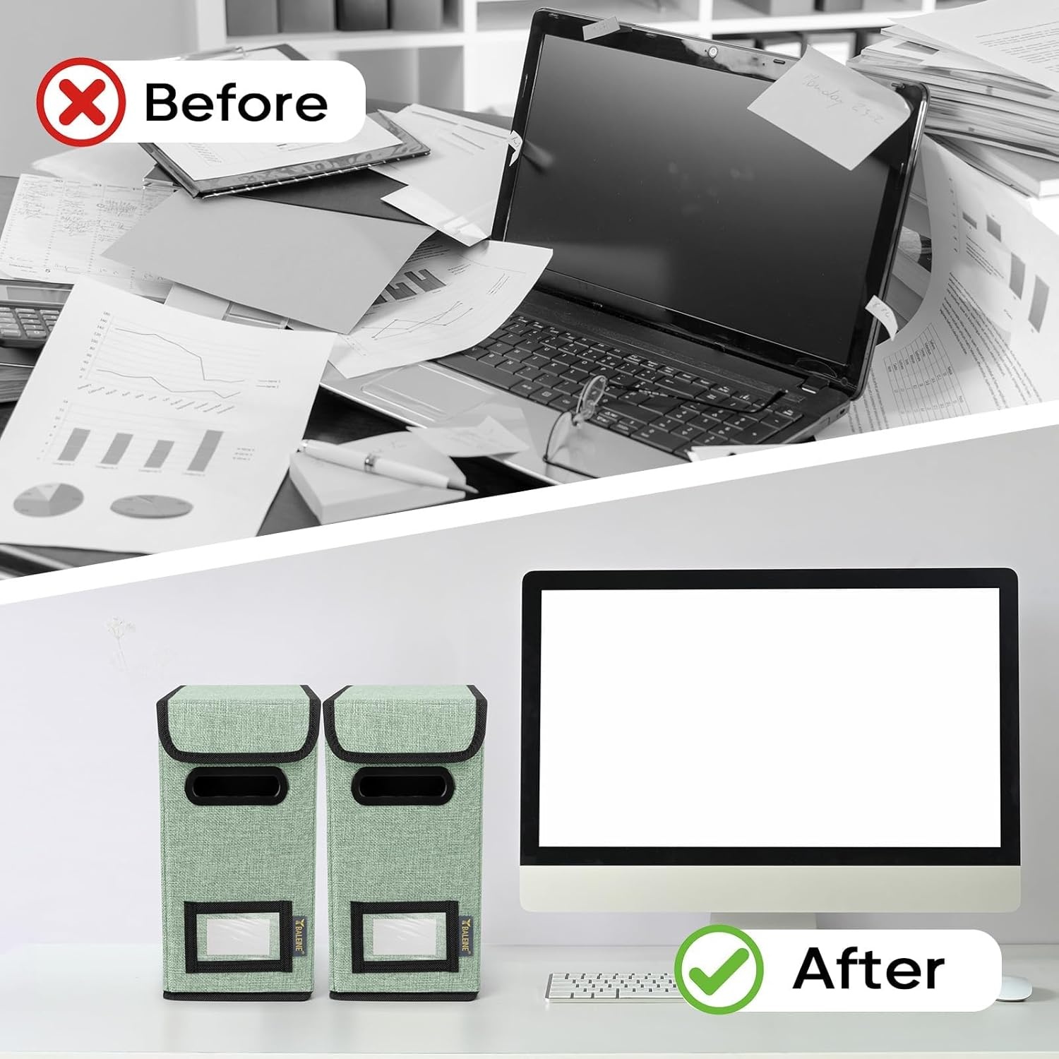 image:imageBALEINE File Organizer Box with Lid Collapsible File Folder Organizer with Plastic Slide Hanging File Folder Box for Office Document Storage Tab Friendly 2 Pack BlackGreen