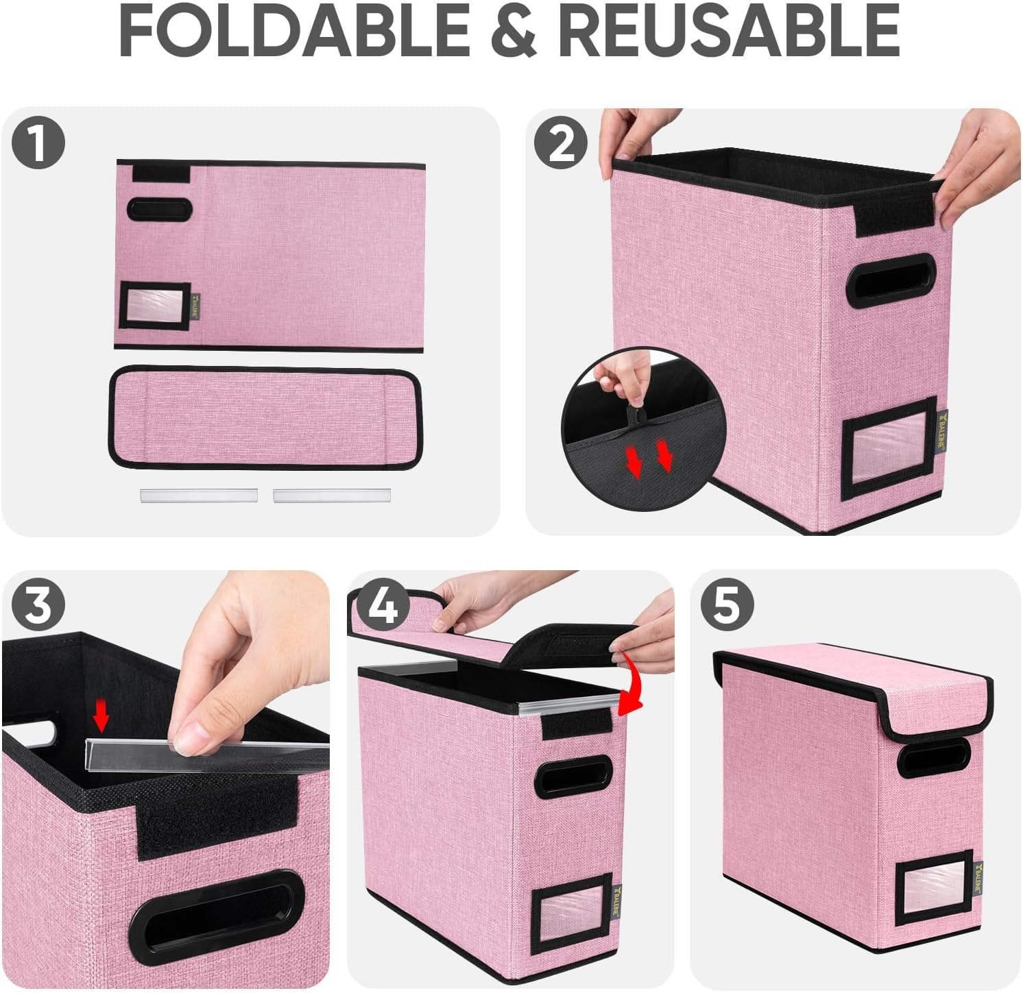 image:imageBALEINE File Organizer Box with Lid Collapsible File Folder Organizer with Plastic Slide Hanging File Folder Box for Office Document Storage Tab Friendly 2 Pack BlackPink