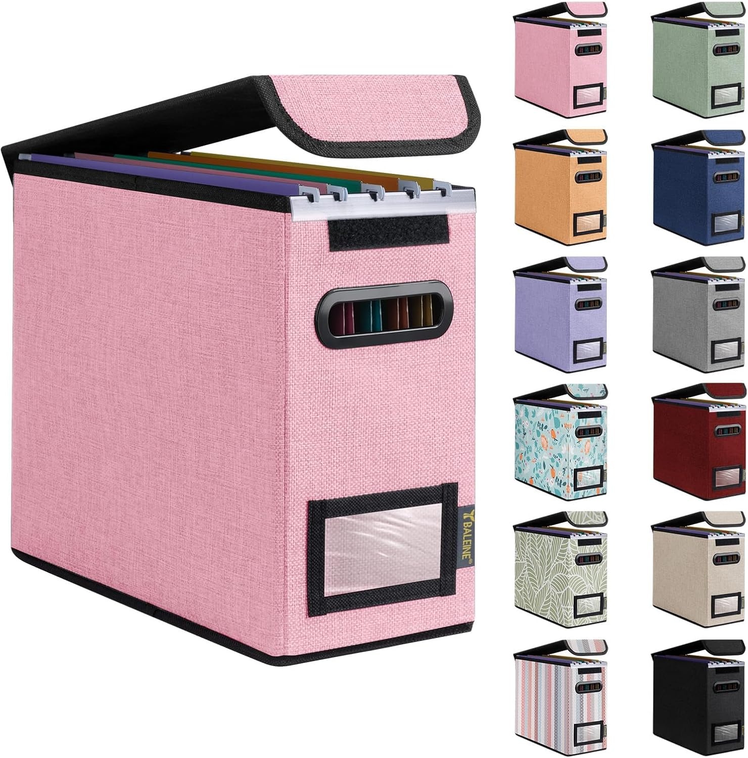 image:imageBALEINE File Organizer Box with Lid Collapsible File Folder Organizer with Plastic Slide Hanging File Folder Box for Office Document Storage Tab Friendly 2 Pack BlackPink