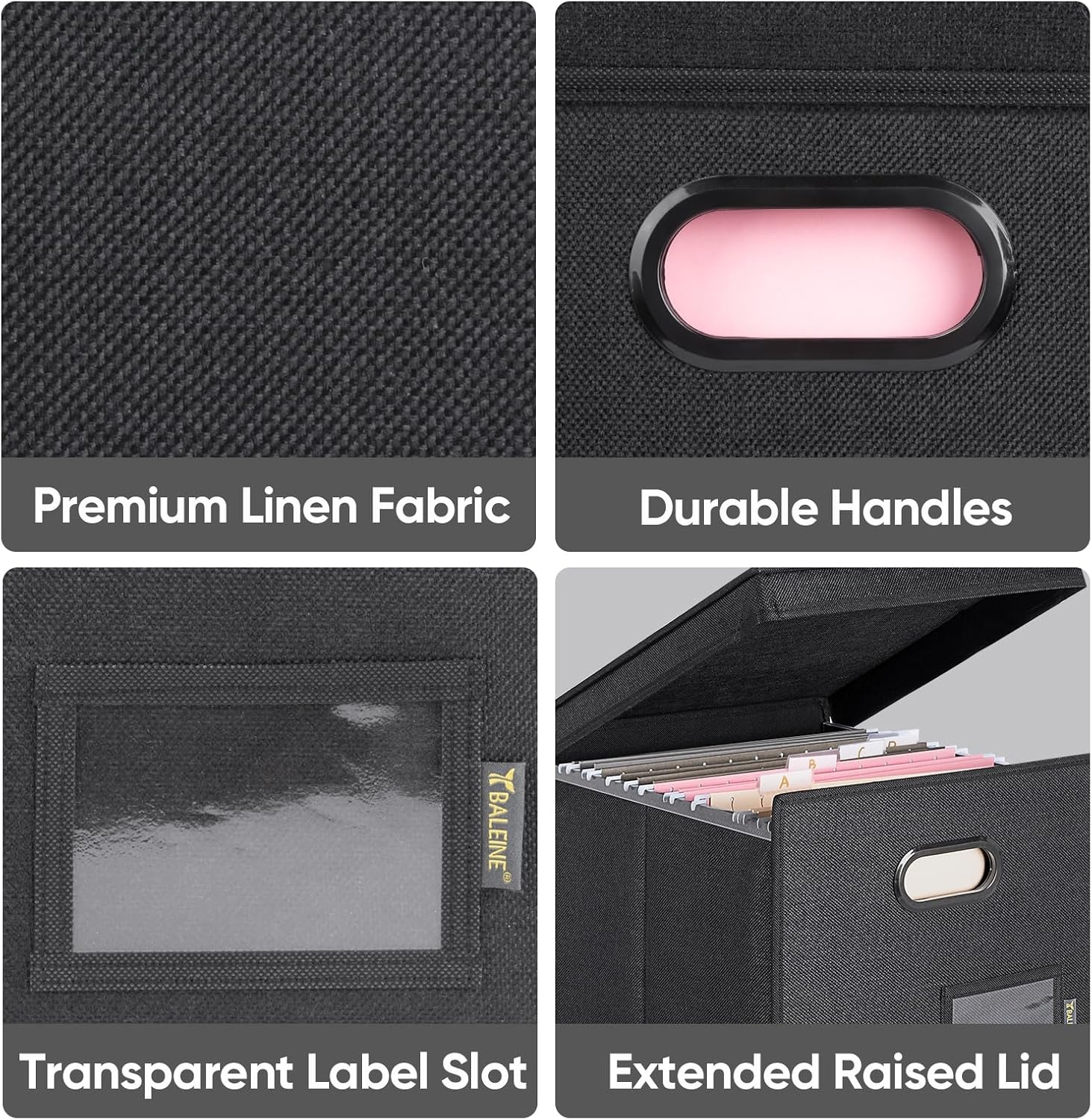 image:imageBALEINE File Organizer Box with Lid Collapsible File Folder Organizer with Plastic Slide Hanging File Folder Box for Office Document Storage Tab Friendly 2 Pack BlackBlack