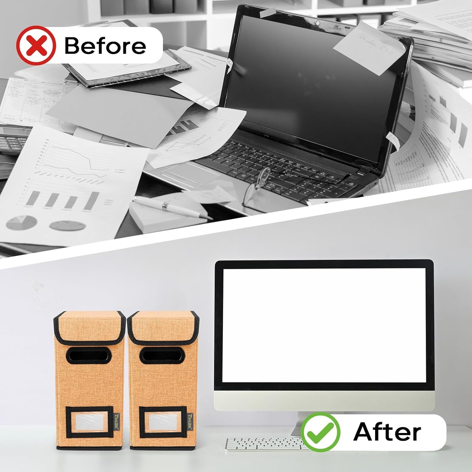 image:imageBALEINE File Organizer Box with Lid Collapsible File Folder Organizer with Plastic Slide Hanging File Folder Box for Office Document Storage Tab Friendly 2 Pack BlackOrange