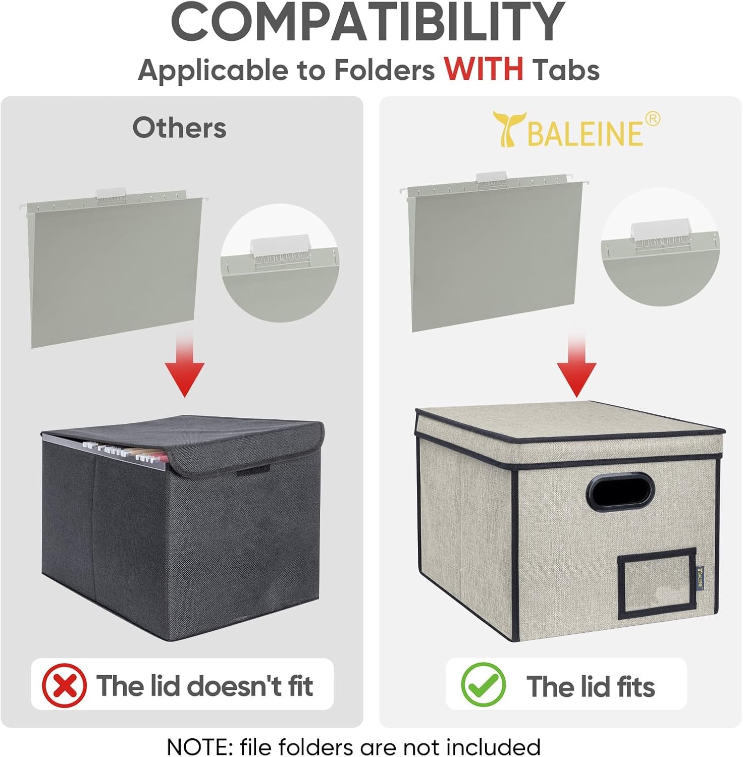 image:imageBALEINE File Organizer Box with Lid Collapsible File Folder Organizer with Plastic Slide Hanging File Folder Box for Office Document Storage Tab Friendly 2 Pack BlackBeige