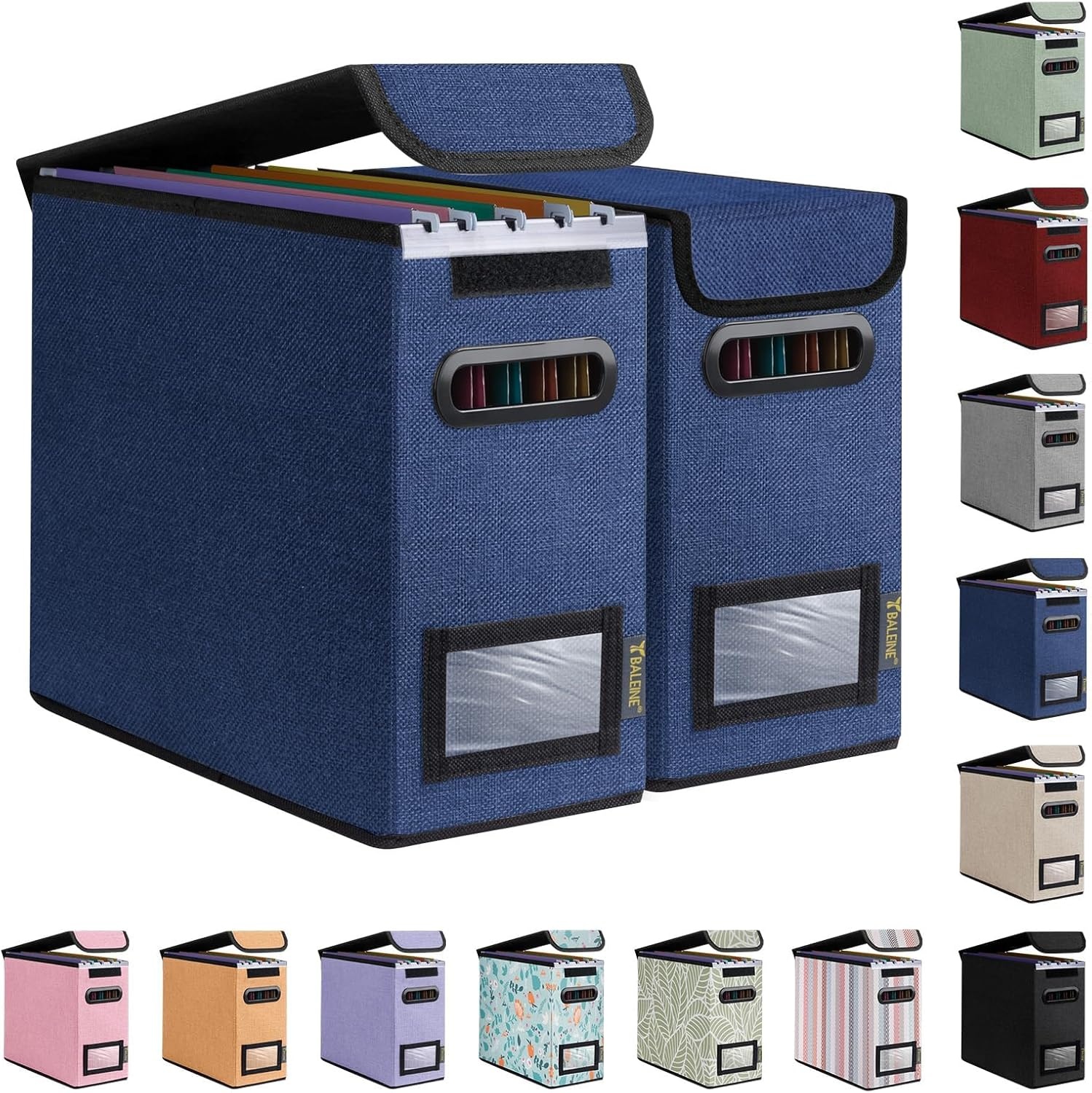 image:imageBALEINE File Organizer Box with Lid Collapsible File Folder Organizer with Plastic Slide Hanging File Folder Box for Office Document Storage Tab Friendly 2 Pack BlackBlue