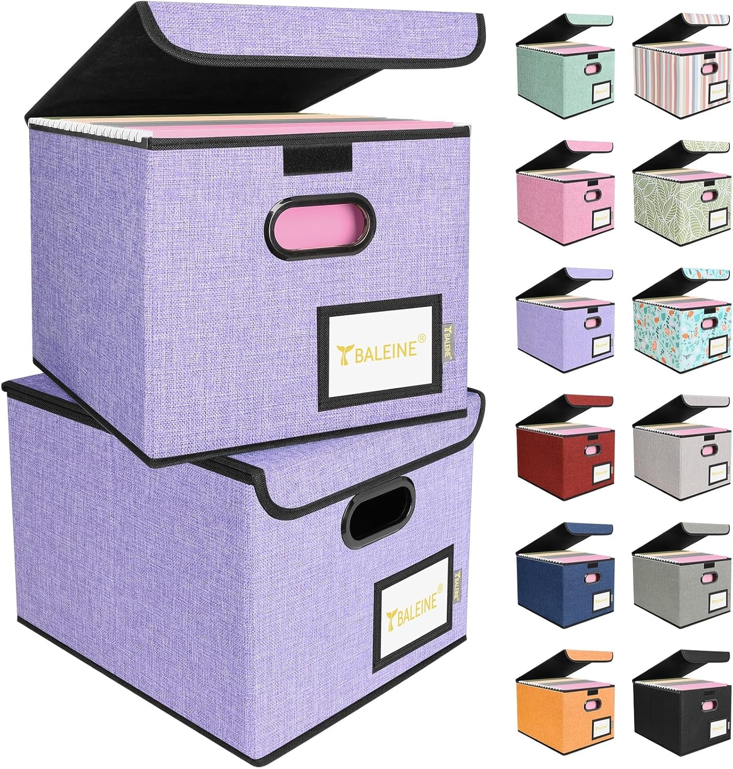 image:imageBALEINE File Organizer Box with Lid Collapsible File Folder Organizer with Plastic Slide Hanging File Folder Box for Office Document Storage Tab Friendly 2 Pack BlackPurple