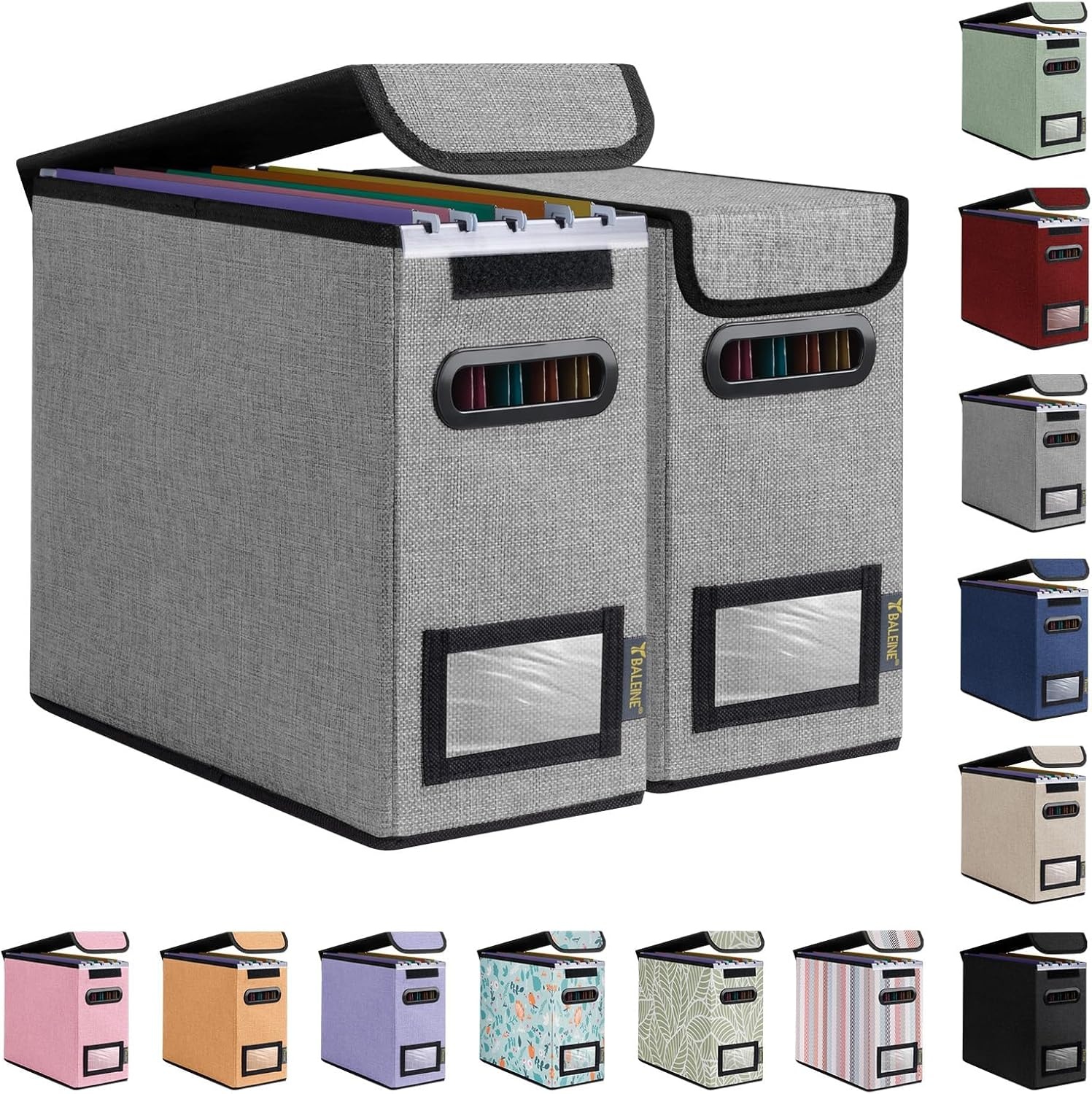 image:imageBALEINE File Organizer Box with Lid Collapsible File Folder Organizer with Plastic Slide Hanging File Folder Box for Office Document Storage Tab Friendly 2 Pack BlackGrey