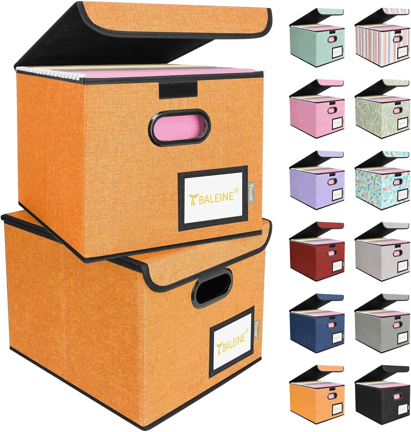 image:imageBALEINE File Organizer Box with Lid Collapsible File Folder Organizer with Plastic Slide Hanging File Folder Box for Office Document Storage Tab Friendly 2 Pack BlackOrange