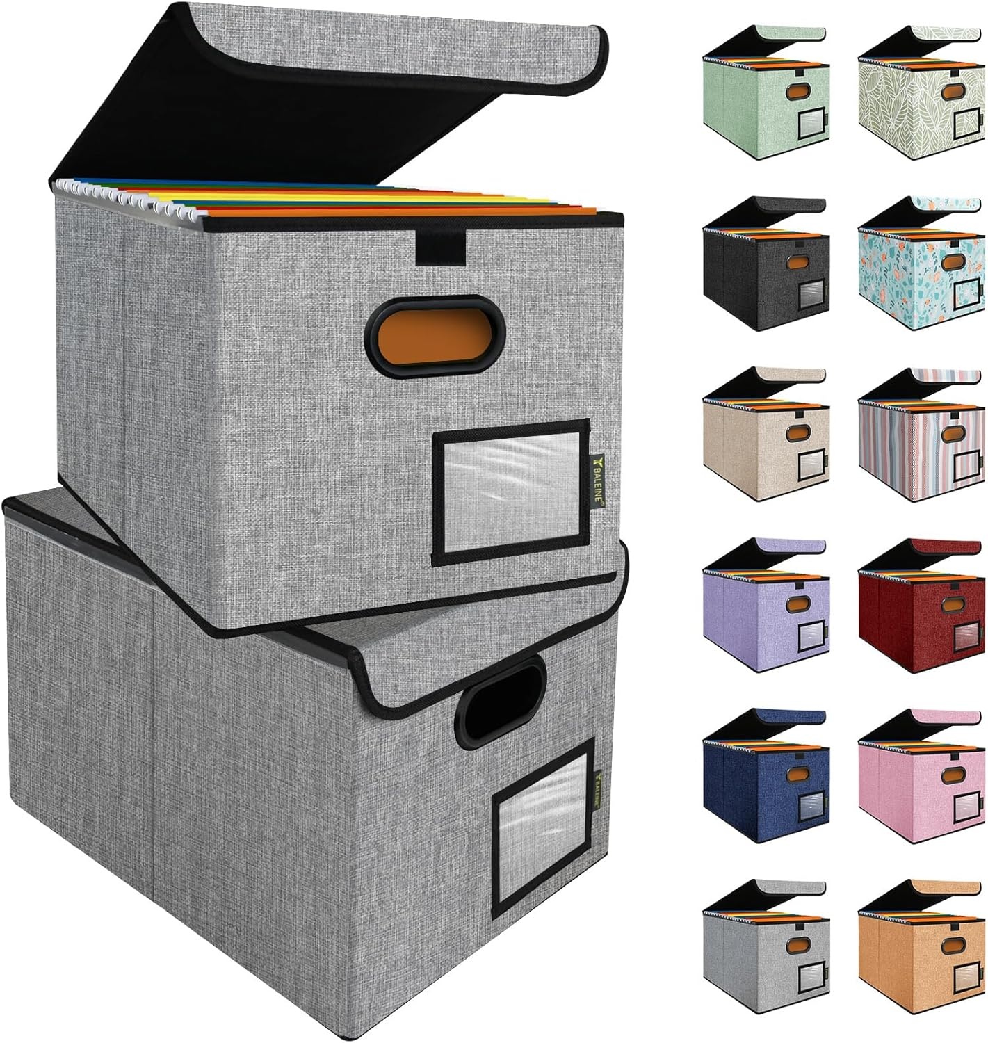 image:imageBALEINE File Organizer Box with Lid Collapsible File Folder Organizer with Plastic Slide Hanging File Folder Box for Office Document Storage Tab Friendly 2 Pack BlackGrey