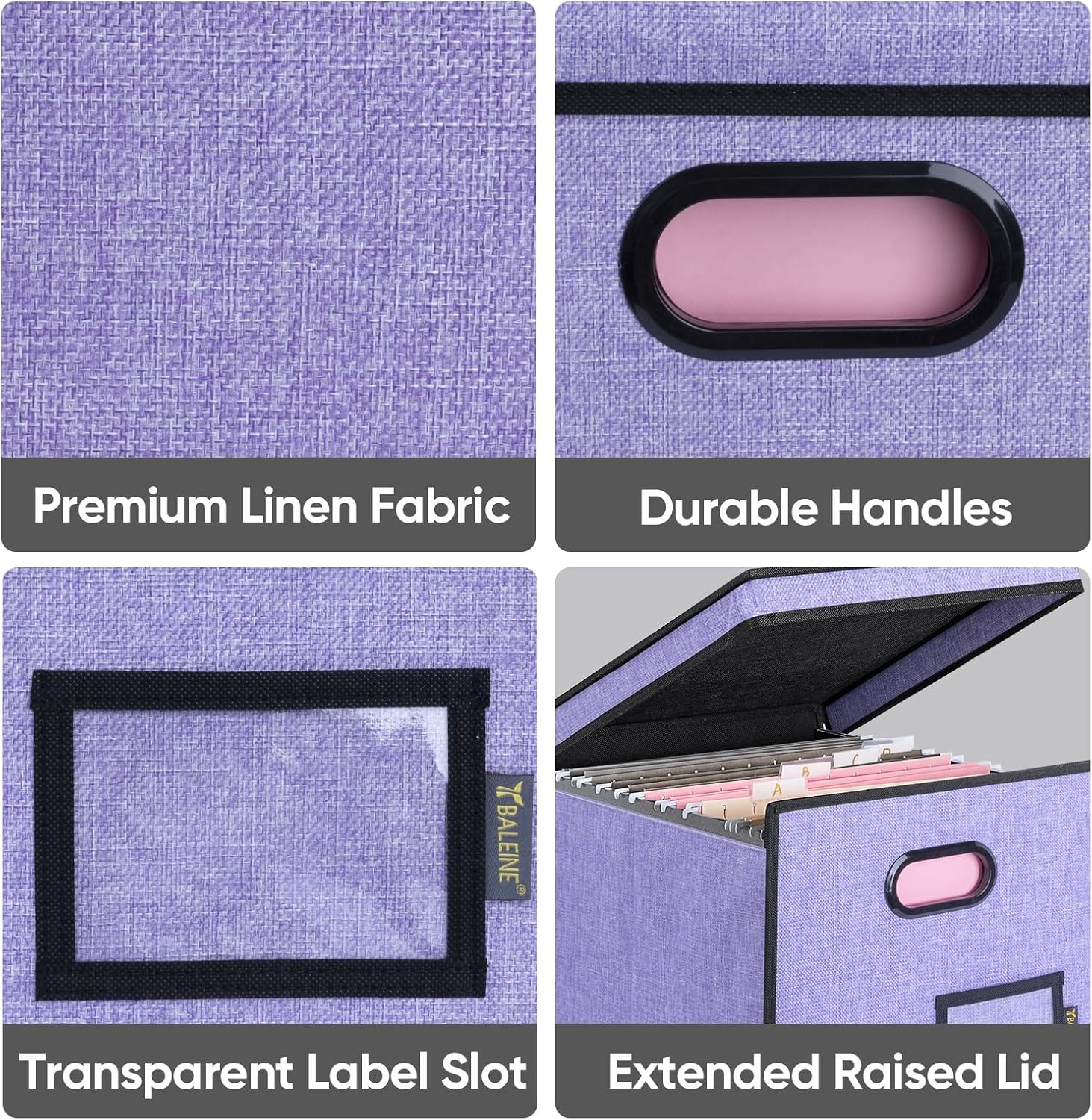 image:imageBALEINE File Organizer Box with Lid Collapsible File Folder Organizer with Plastic Slide Hanging File Folder Box for Office Document Storage Tab Friendly 2 Pack BlackPurple