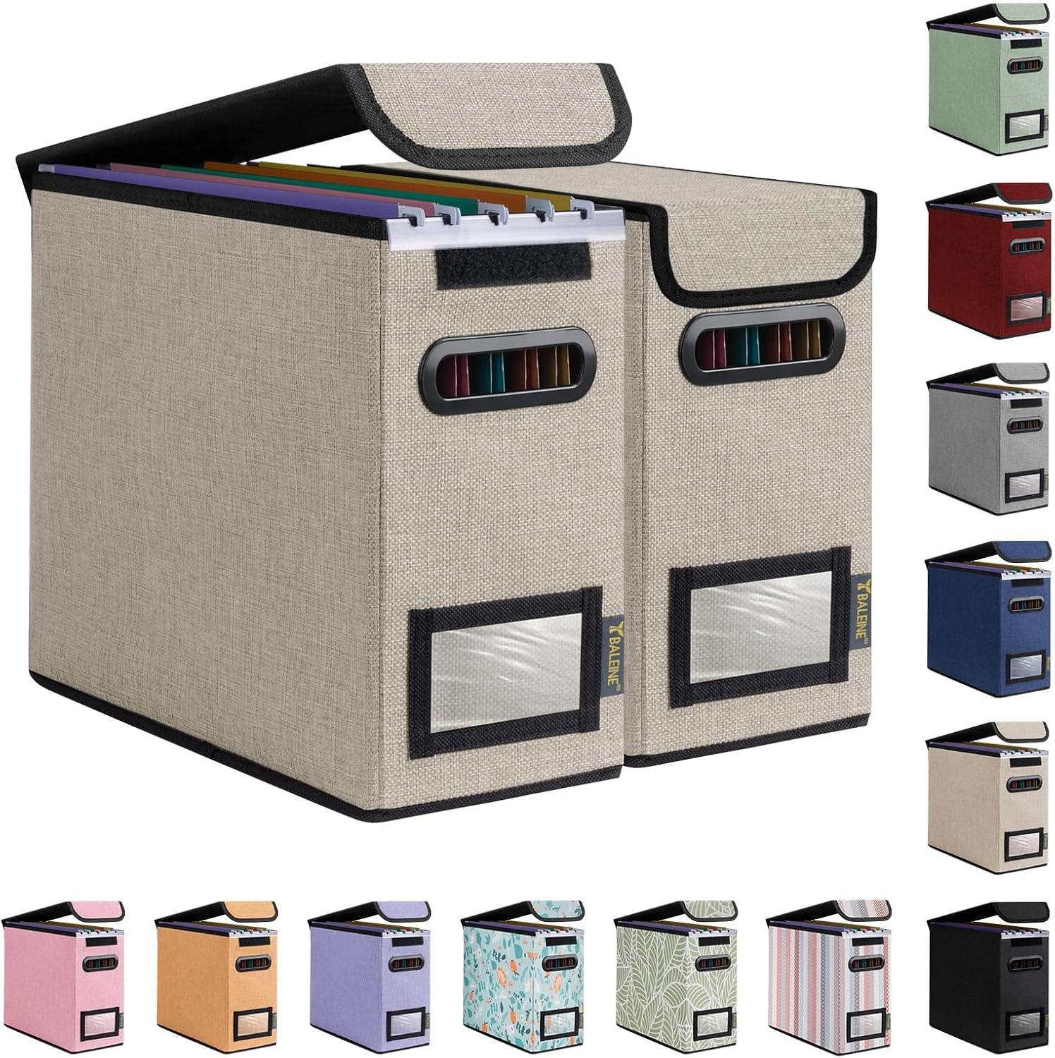 image:imageBALEINE File Organizer Box with Lid Collapsible File Folder Organizer with Plastic Slide Hanging File Folder Box for Office Document Storage Tab Friendly 2 Pack BlackBeige