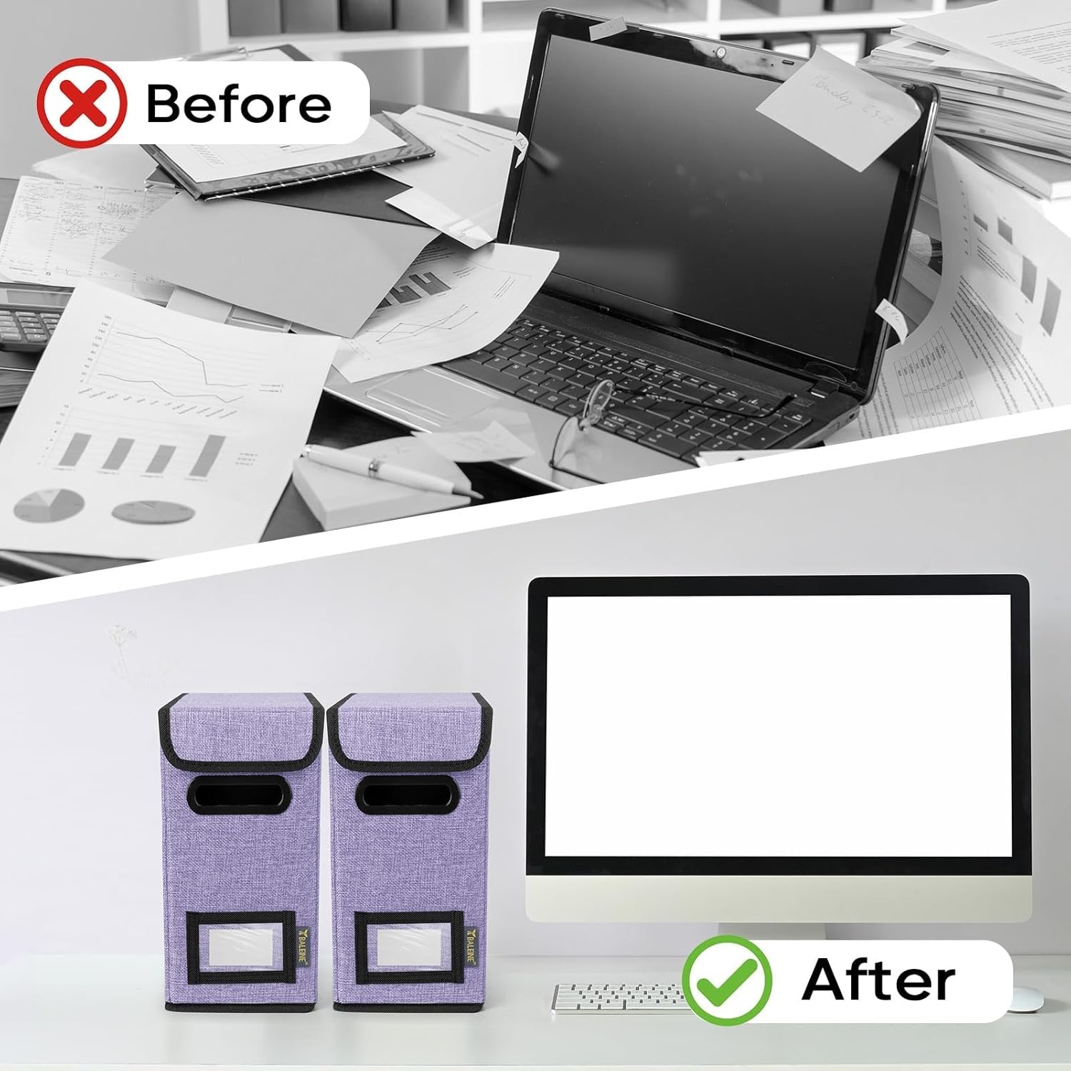 image:imageBALEINE File Organizer Box with Lid Collapsible File Folder Organizer with Plastic Slide Hanging File Folder Box for Office Document Storage Tab Friendly 2 Pack BlackPurple