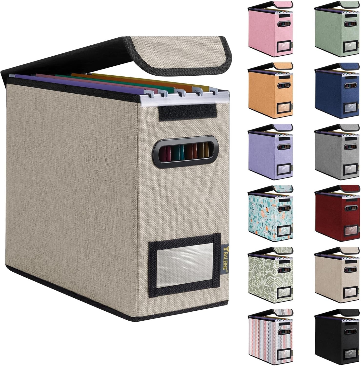 image:imageBALEINE File Organizer Box with Lid Collapsible File Folder Organizer with Plastic Slide Hanging File Folder Box for Office Document Storage Tab Friendly 2 Pack BlackBeige