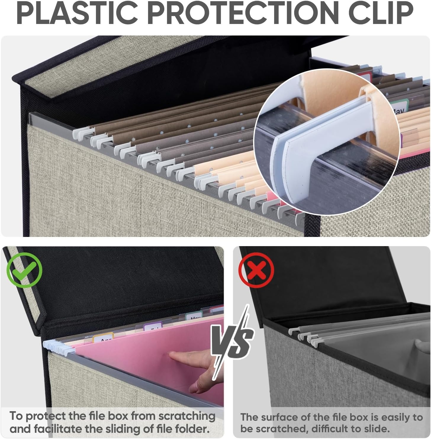 image:imageBALEINE File Organizer Box with Lid Collapsible File Folder Organizer with Plastic Slide Hanging File Folder Box for Office Document Storage Tab Friendly 2 Pack BlackBeige