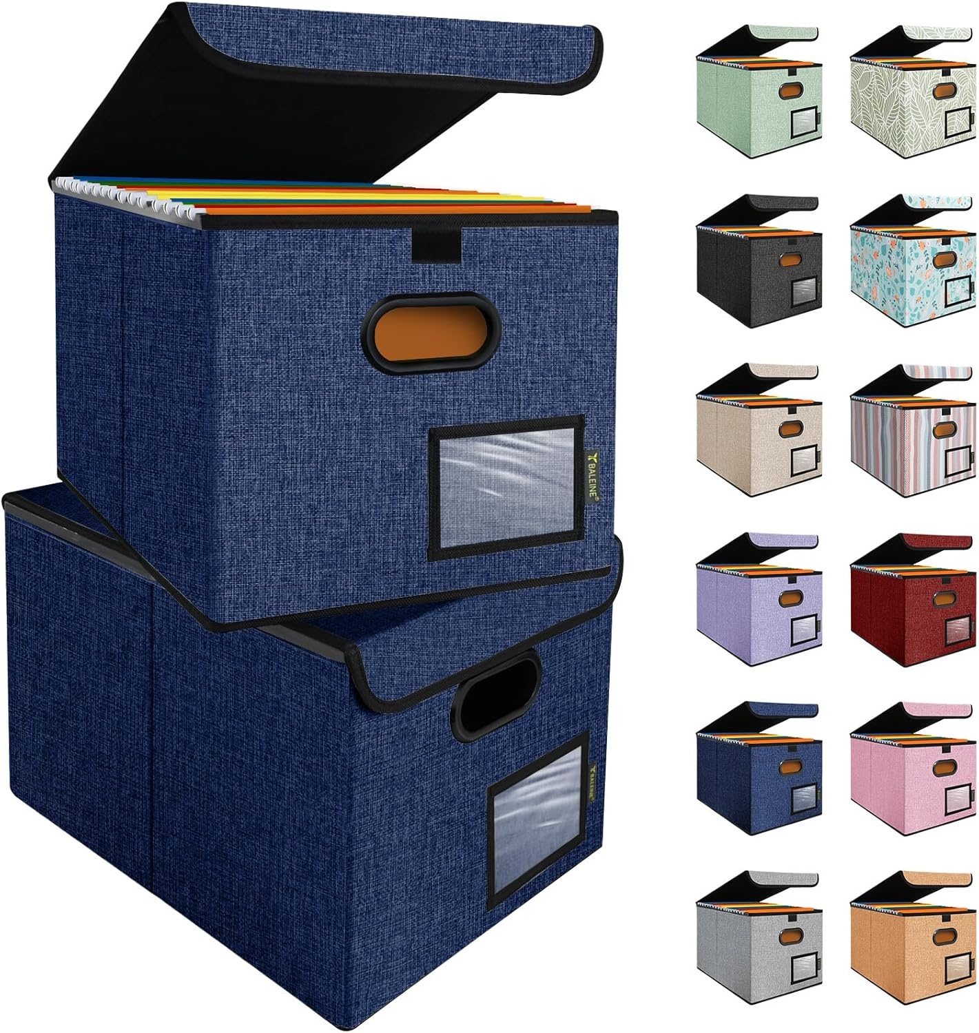 image:imageBALEINE File Organizer Box with Lid Collapsible File Folder Organizer with Plastic Slide Hanging File Folder Box for Office Document Storage Tab Friendly 2 Pack BlackBlue