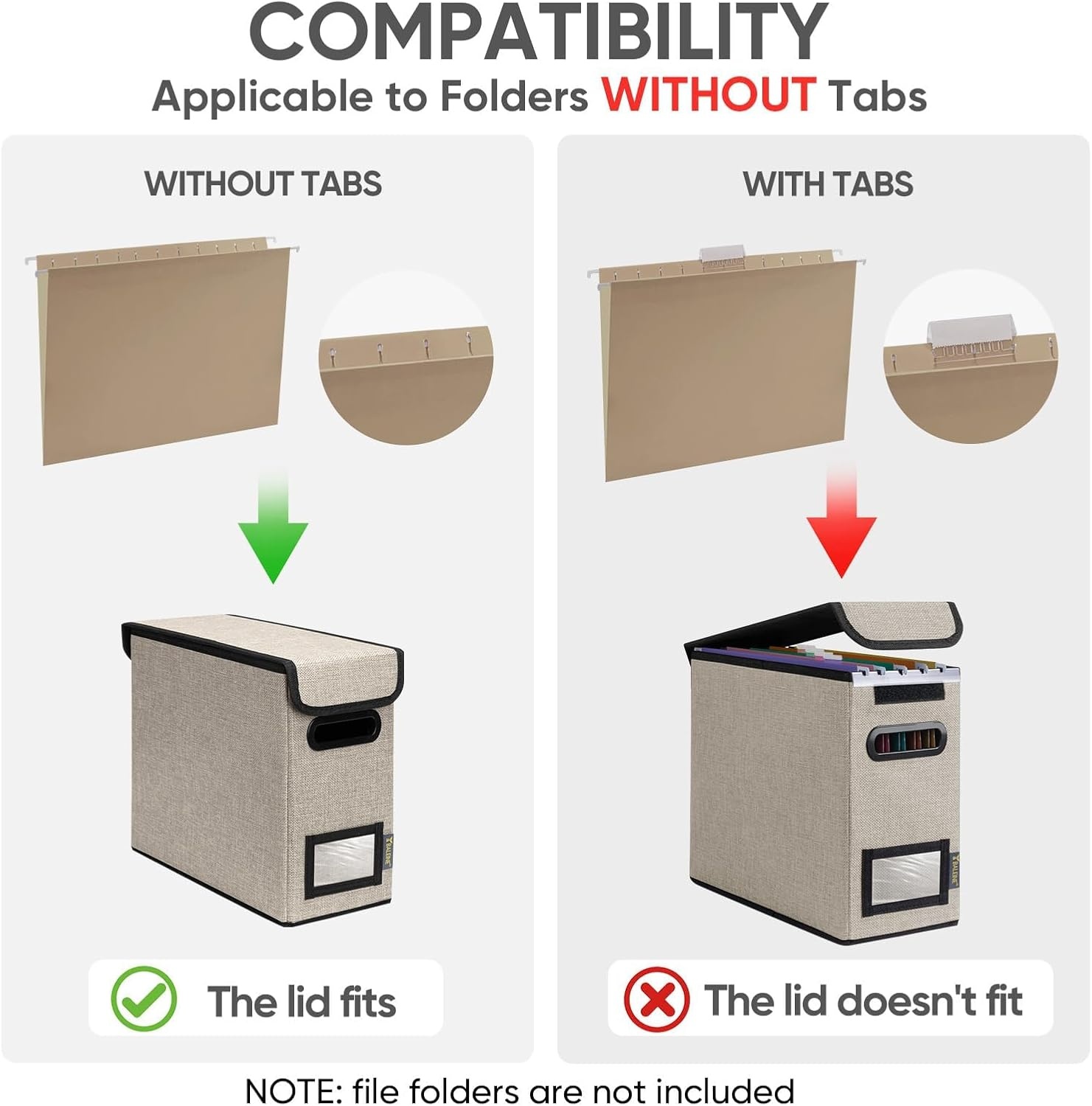 image:imageBALEINE File Organizer Box with Lid Collapsible File Folder Organizer with Plastic Slide Hanging File Folder Box for Office Document Storage Tab Friendly 2 Pack BlackBeige