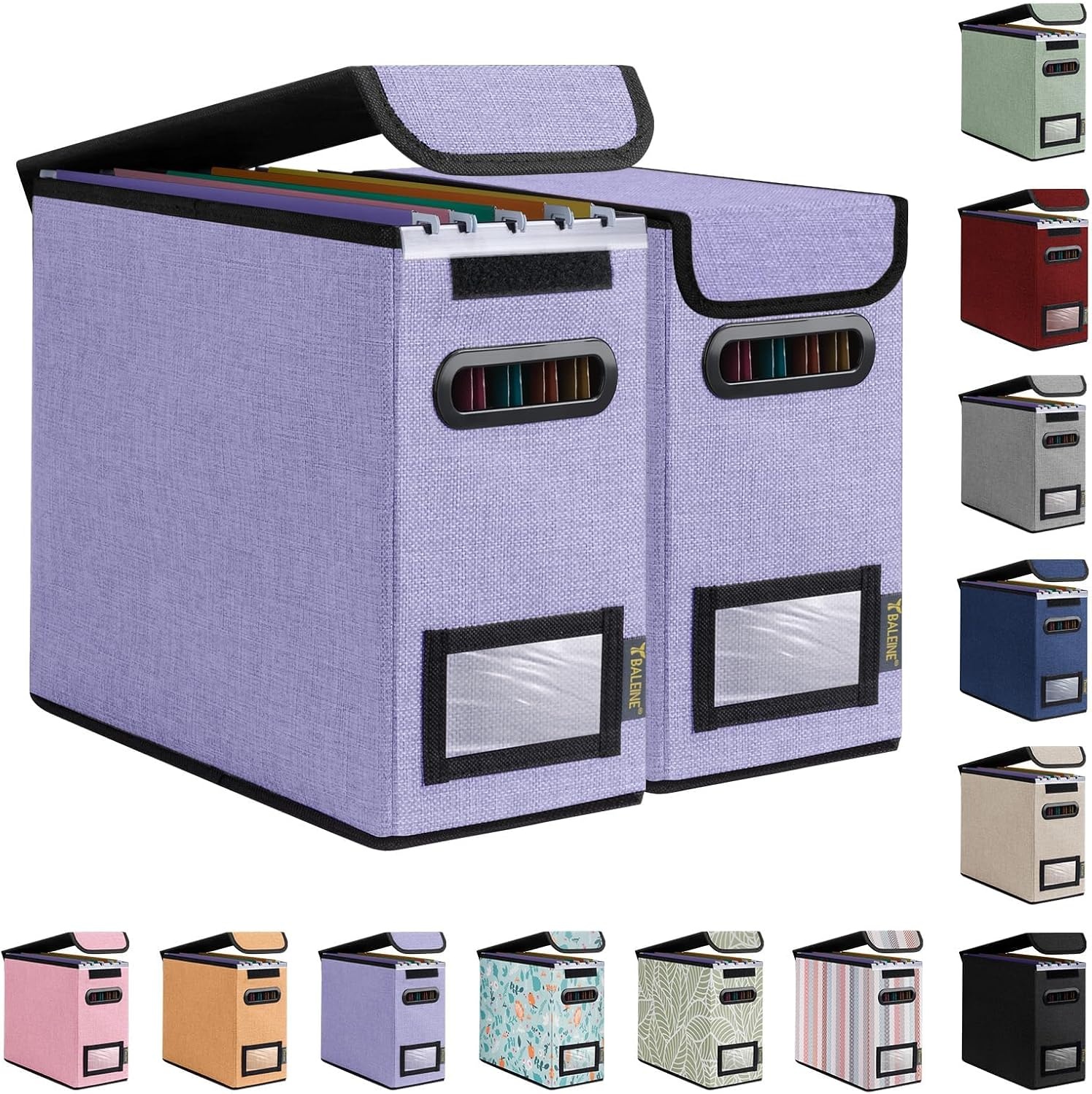 image:imageBALEINE File Organizer Box with Lid Collapsible File Folder Organizer with Plastic Slide Hanging File Folder Box for Office Document Storage Tab Friendly 2 Pack BlackPurple