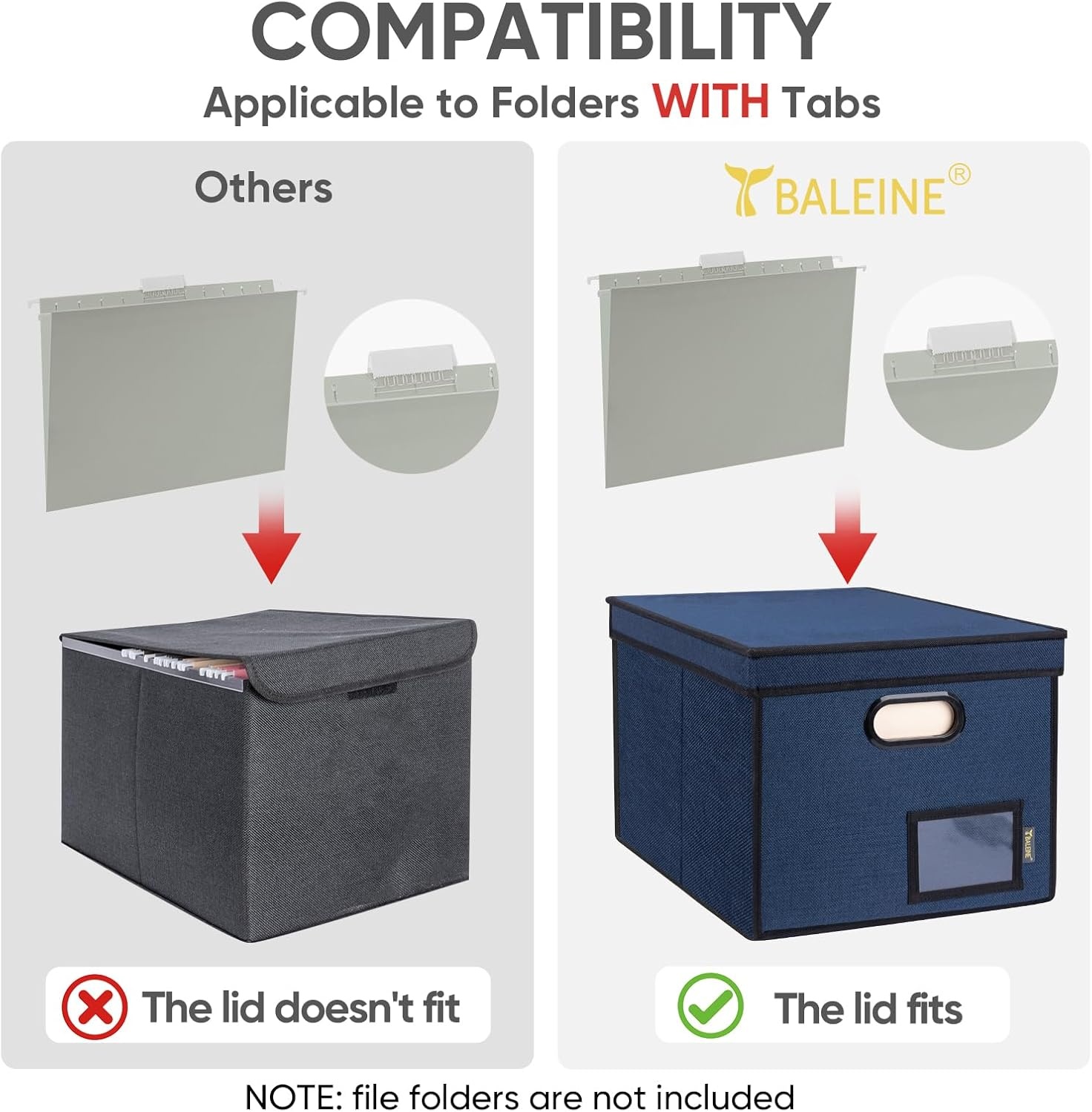 image:imageBALEINE File Organizer Box with Lid Collapsible File Folder Organizer with Plastic Slide Hanging File Folder Box for Office Document Storage Tab Friendly 2 Pack BlackBlue