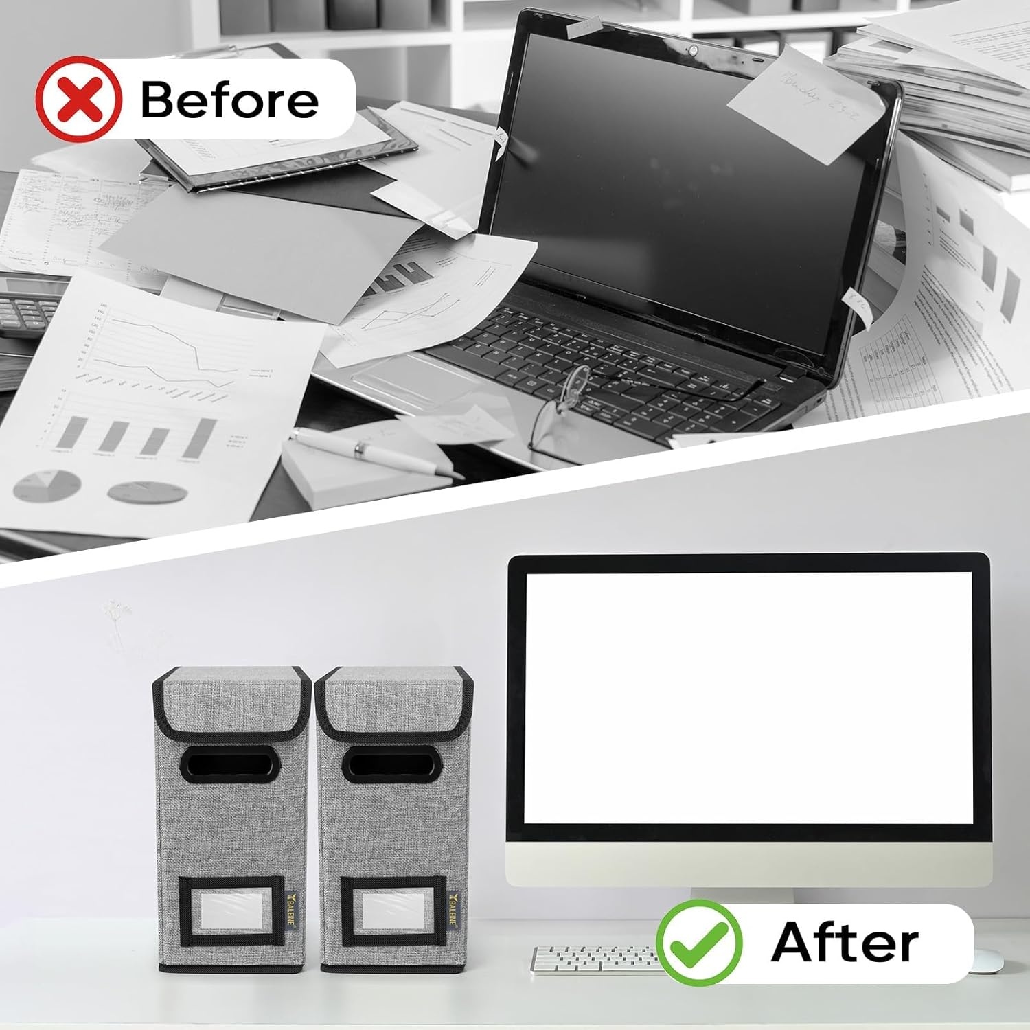 image:imageBALEINE File Organizer Box with Lid Collapsible File Folder Organizer with Plastic Slide Hanging File Folder Box for Office Document Storage Tab Friendly 2 Pack BlackGrey