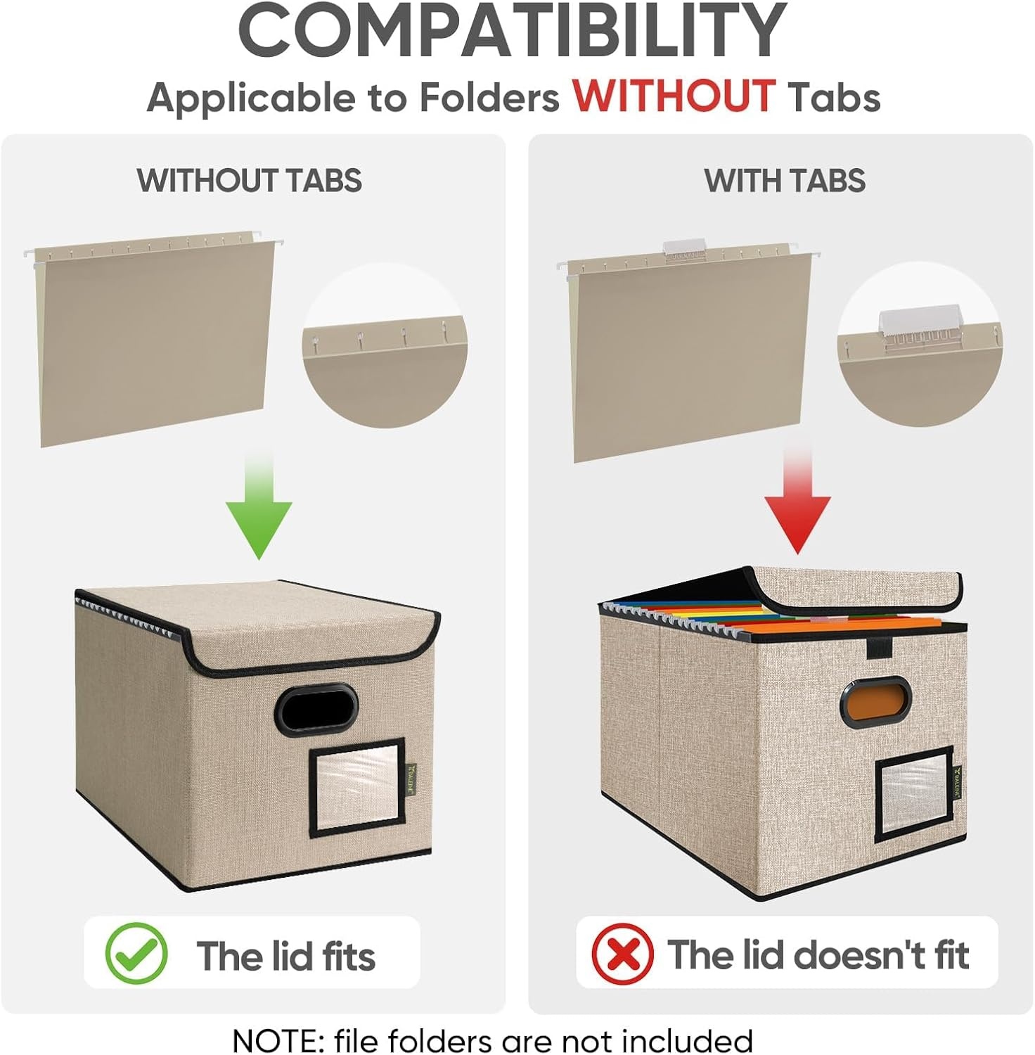 image:imageBALEINE File Organizer Box with Lid Collapsible File Folder Organizer with Plastic Slide Hanging File Folder Box for Office Document Storage Tab Friendly 2 Pack BlackBeige