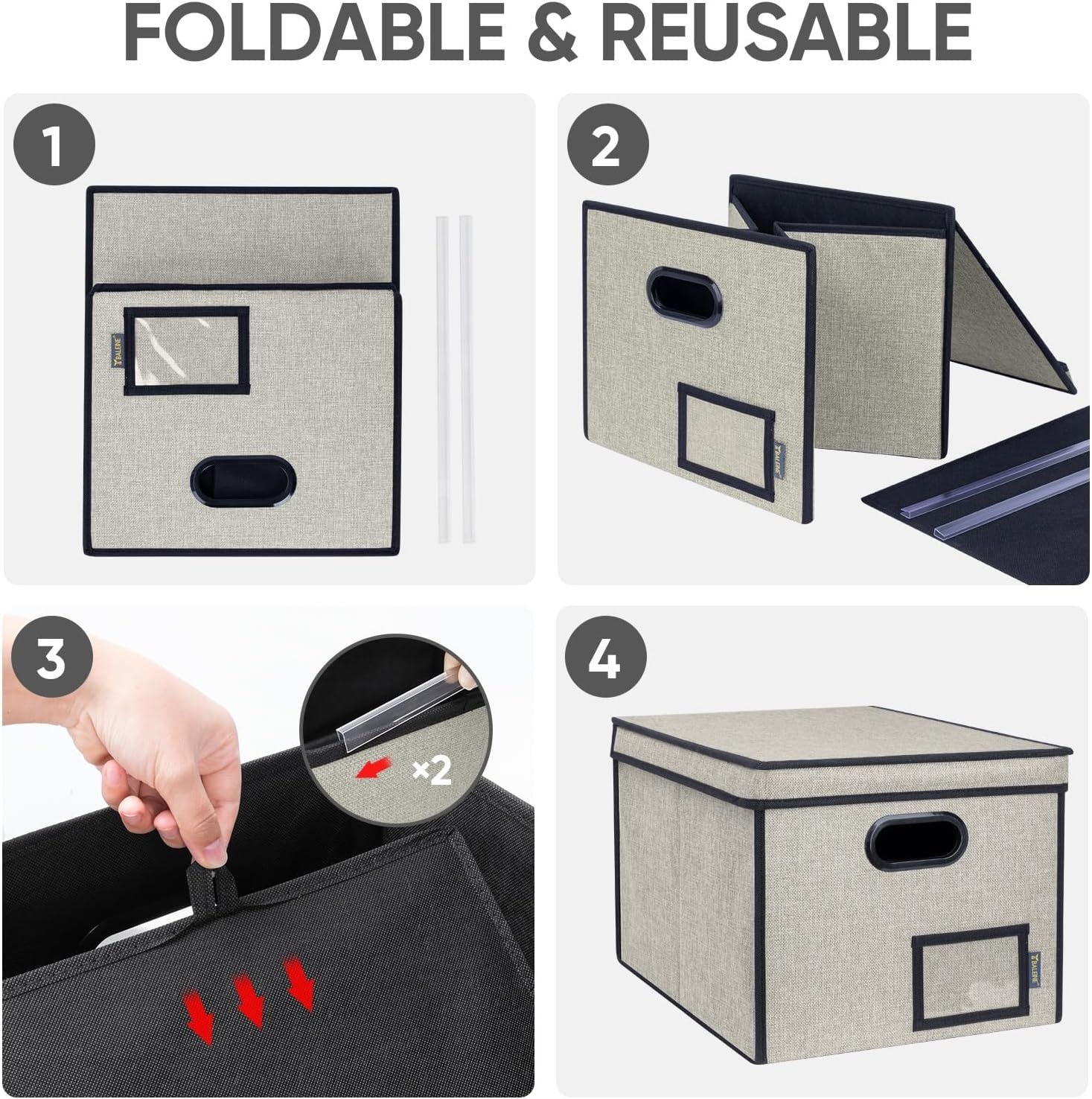 image:imageBALEINE File Organizer Box with Lid Collapsible File Folder Organizer with Plastic Slide Hanging File Folder Box for Office Document Storage Tab Friendly 2 Pack BlackBeige