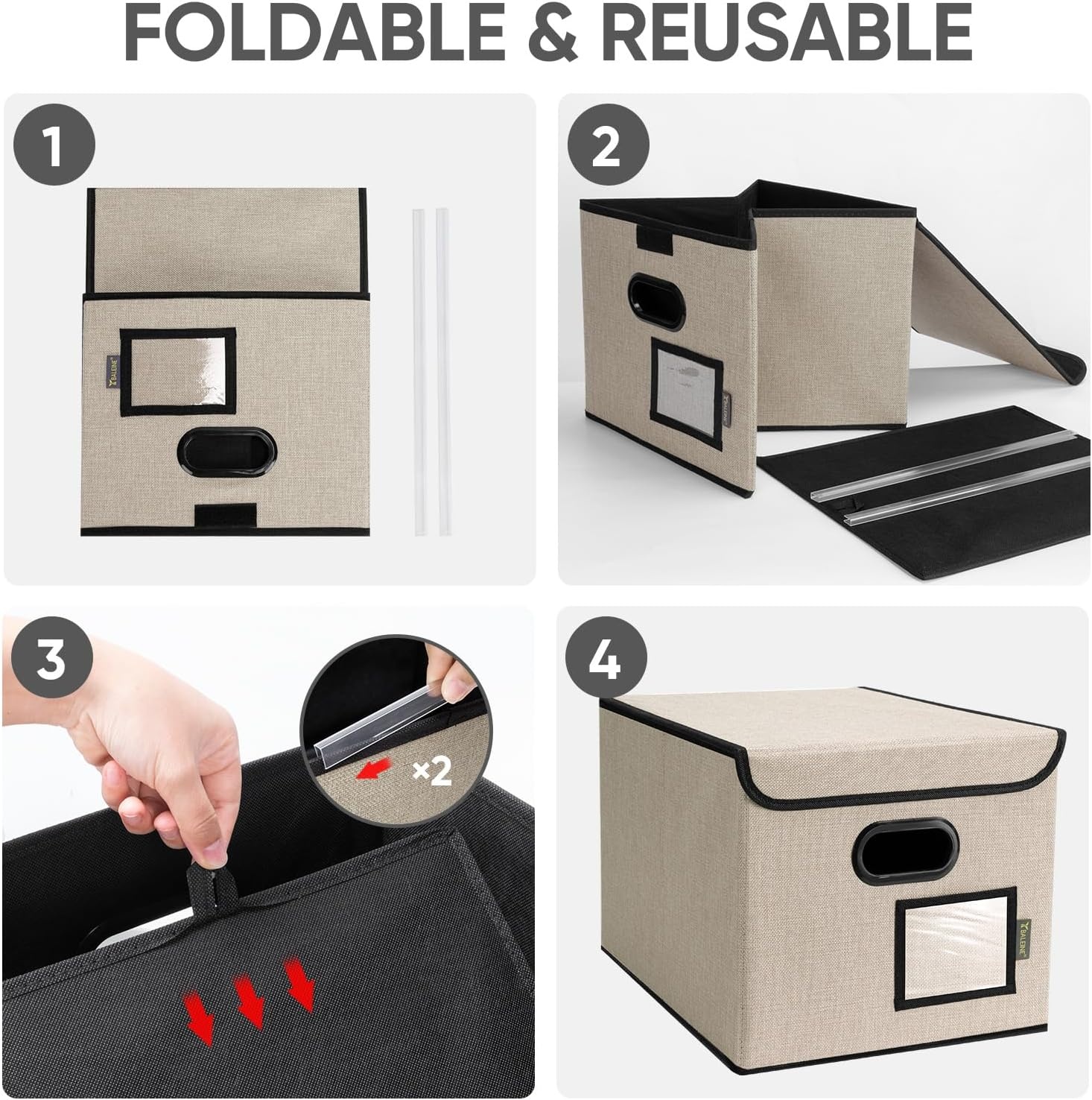 image:imageBALEINE File Organizer Box with Lid Collapsible File Folder Organizer with Plastic Slide Hanging File Folder Box for Office Document Storage Tab Friendly 2 Pack BlackBeige