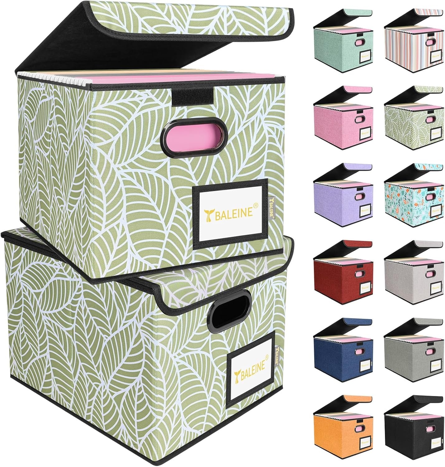 image:imageBALEINE File Organizer Box with Lid Collapsible File Folder Organizer with Plastic Slide Hanging File Folder Box for Office Document Storage Tab Friendly 2 Pack BlackAntique Foliage