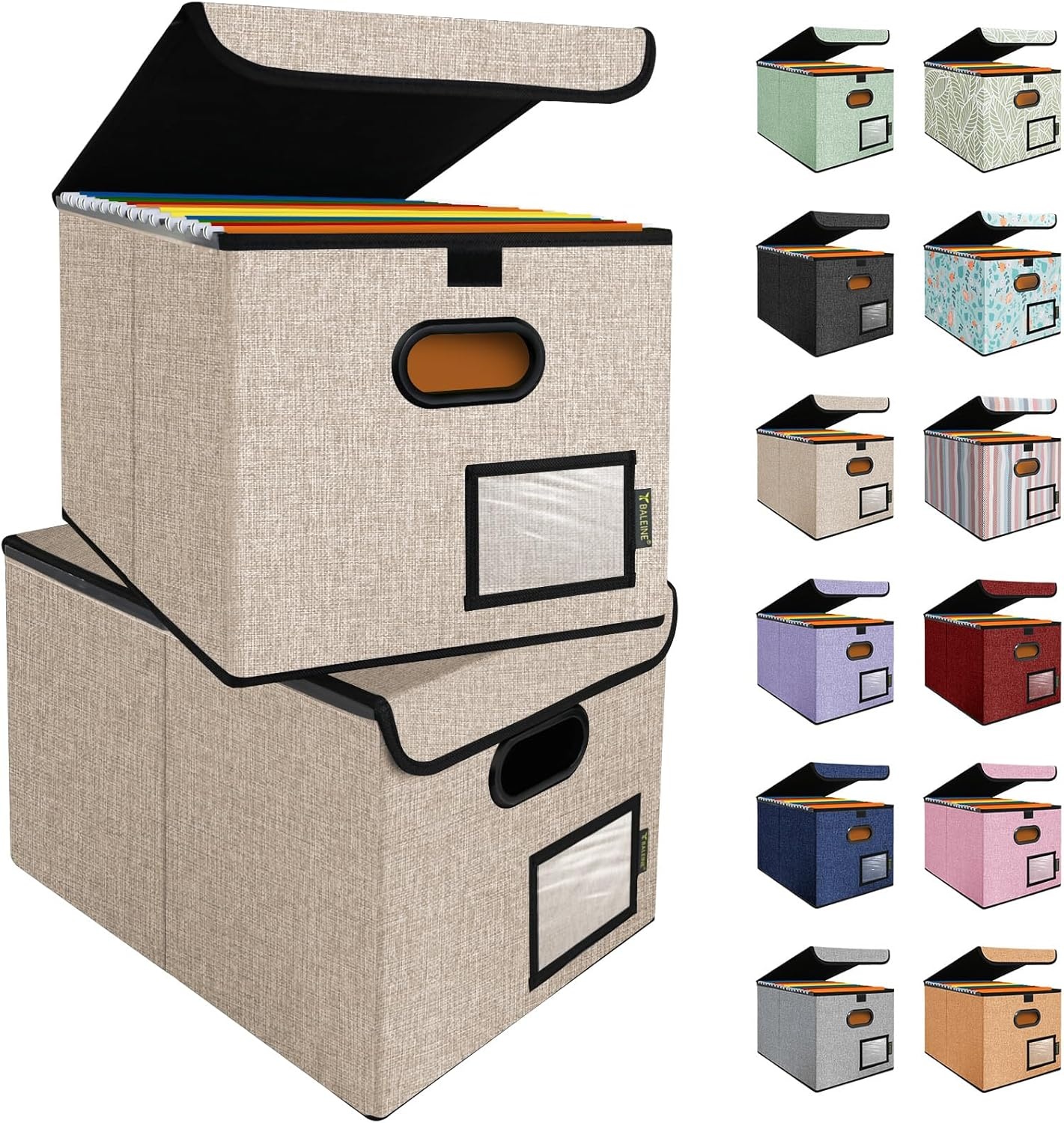 image:imageBALEINE File Organizer Box with Lid Collapsible File Folder Organizer with Plastic Slide Hanging File Folder Box for Office Document Storage Tab Friendly 2 Pack BlackBeige