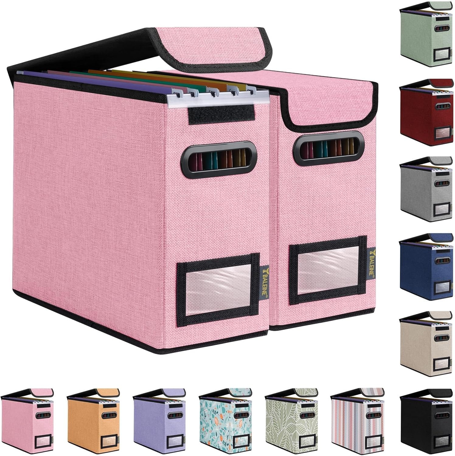 image:imageBALEINE File Organizer Box with Lid Collapsible File Folder Organizer with Plastic Slide Hanging File Folder Box for Office Document Storage Tab Friendly 2 Pack BlackPink