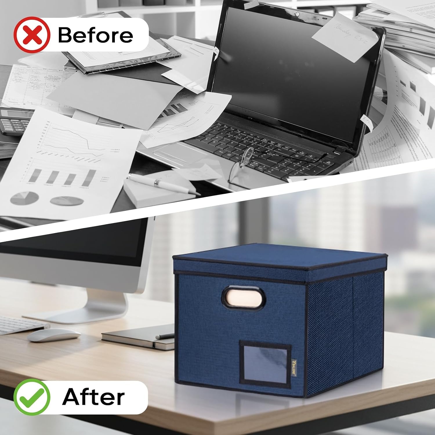 image:imageBALEINE File Organizer Box with Lid Collapsible File Folder Organizer with Plastic Slide Hanging File Folder Box for Office Document Storage Tab Friendly 2 Pack BlackBlue