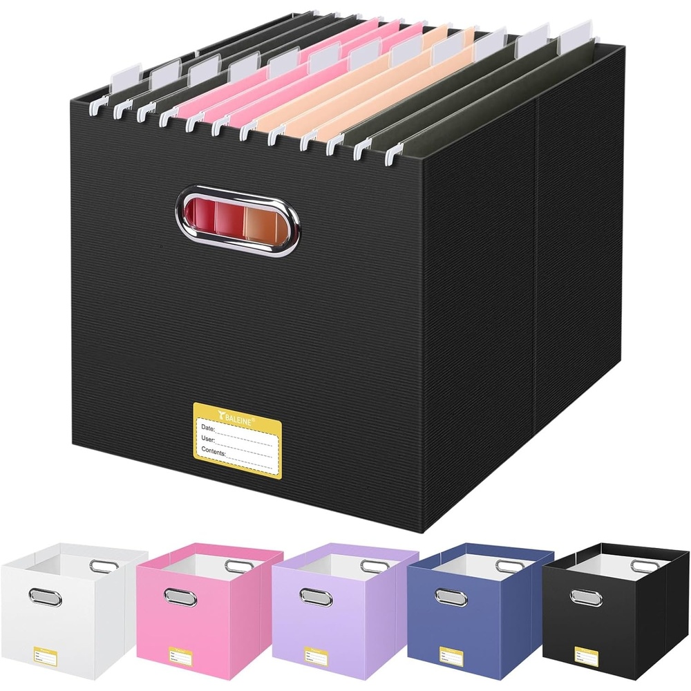 image:imageBALEINE File Organizer Box Cardboard File Folder Organizer with Handle for Letter Size Portable Collapsible Hanging Filing Box for Home Office Document Storage 2 Pack Large BlackBlack